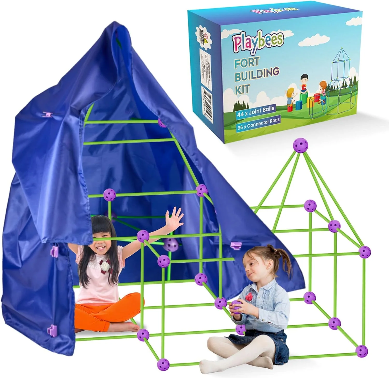 Playbees Fort Building Kit with Rods and Connectors- 145 Pieces - Ages 4-8, 8-12 STEM Building Toy, Construction Set for Kids, Indoor Outdoor Play Tent, DIY Castle, Birthday Gift