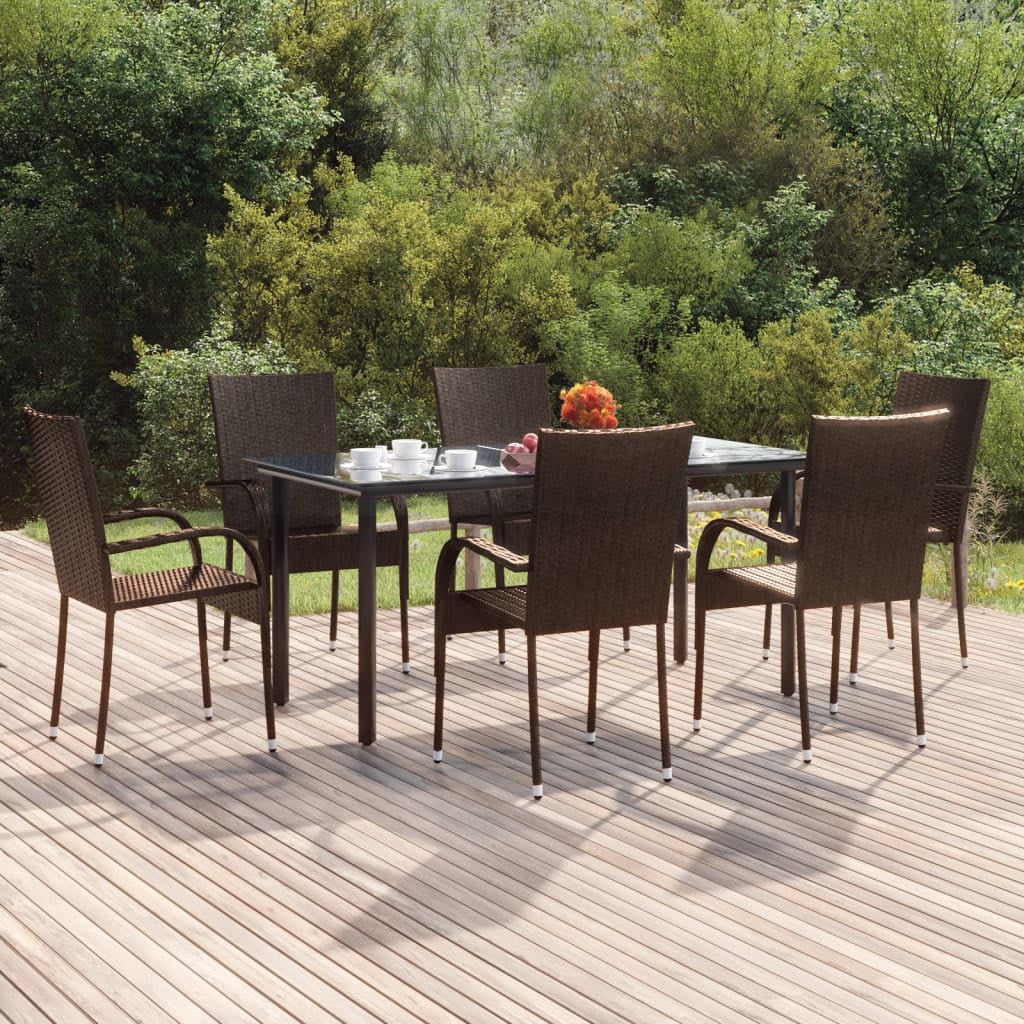 Anself 7 Piece Patio Dining Set Brown Poly Rattan