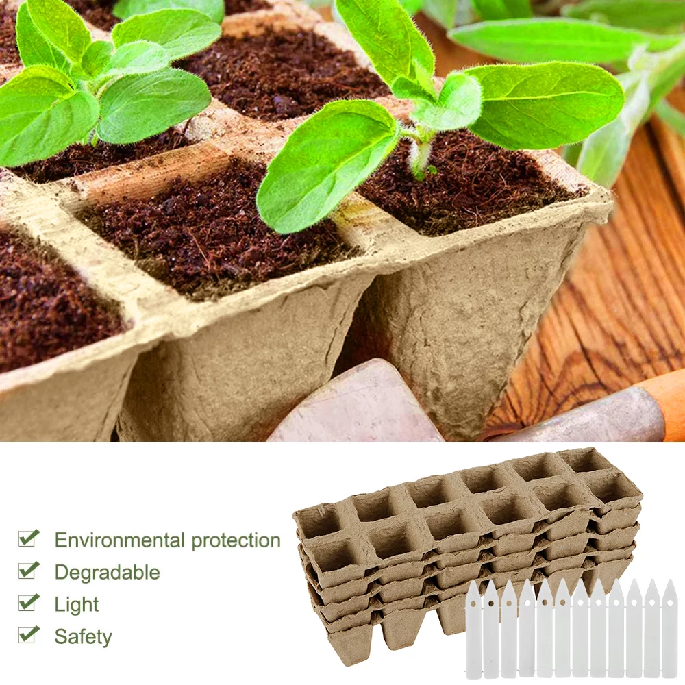 HOTBEST 12 Grid Square Seedling Tray Biodegradable Pulp Set 5 Baby Paper Cups + 12 Labels Brown