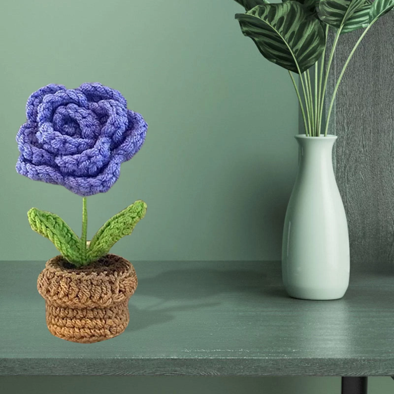 Handmade Beginner Knitted Flowerpot Small Potted Flower Crochet Craft Set Includes Blue Rose