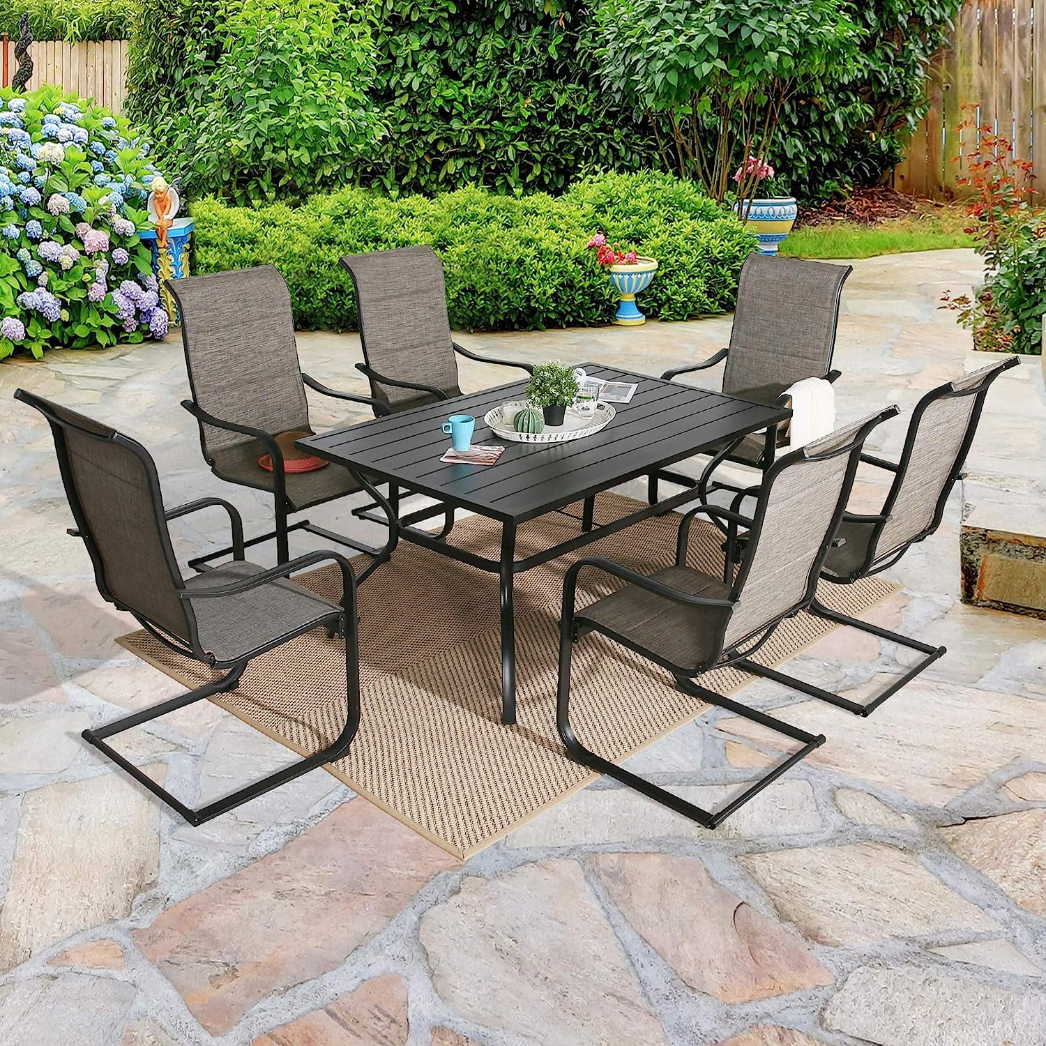 durable 7 Pieces Patio Dining Furniture Set  Outdoor High Back C Spring Motion Sling Chairs with Cotton-Padded  Set of 6  Outdoor Rectangular Steel Dining Table with Umbrella Table
