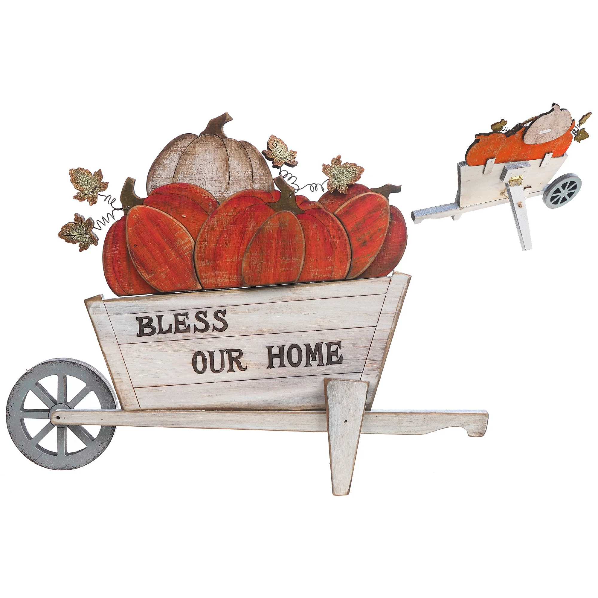 Maison Concepts Wooden Pumpkins On Wheel Barrow Decor Stand (Bless Our Home) (11.8L X 1.4W X 9.05H)