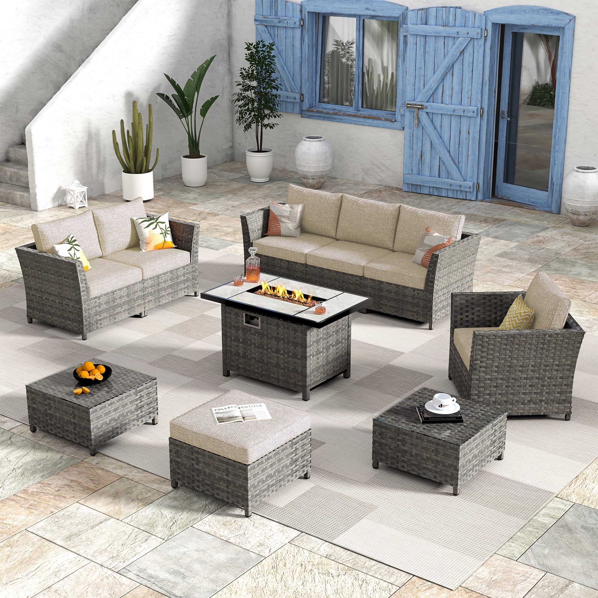 HOOOWOOO 10PCS Patio PE Rattan Outdoor Furniture Set w/ Rectangle Fire Pit,Beige Stripe Cushion