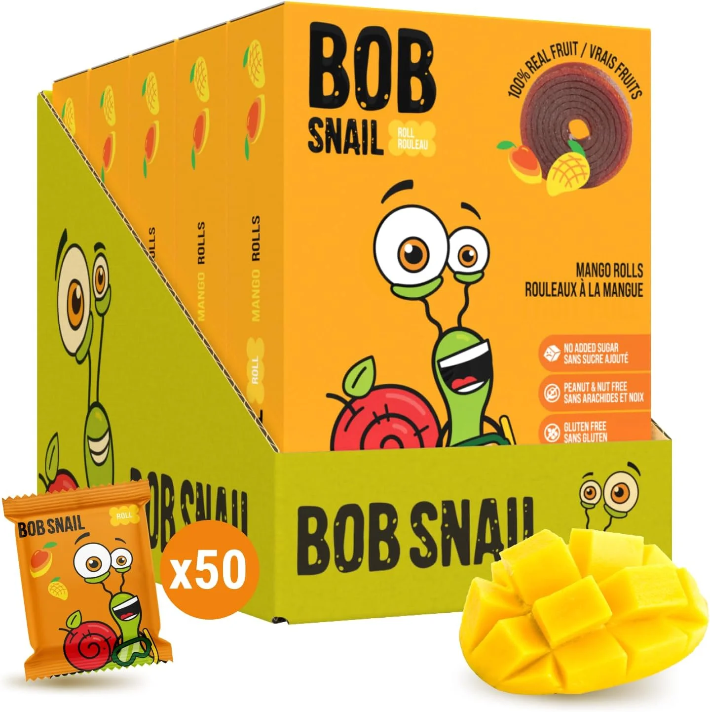 (5 pack) Bob Snail Fruit Roll, Mango, 10 Pouches, 0.35 oz (10 g) Each
