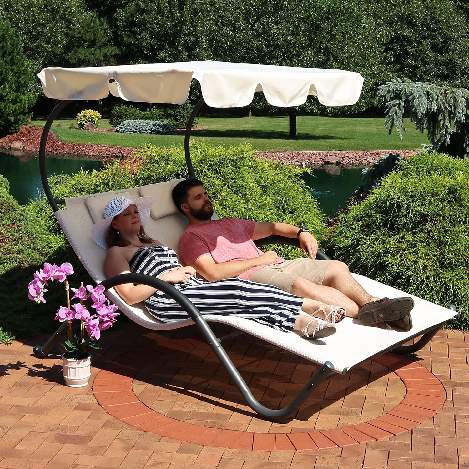 Outdoor Double Chaise Lounge with Canopy Shade and Headrest Pillows - Beige Fabric with Black Powder-Coated Frame