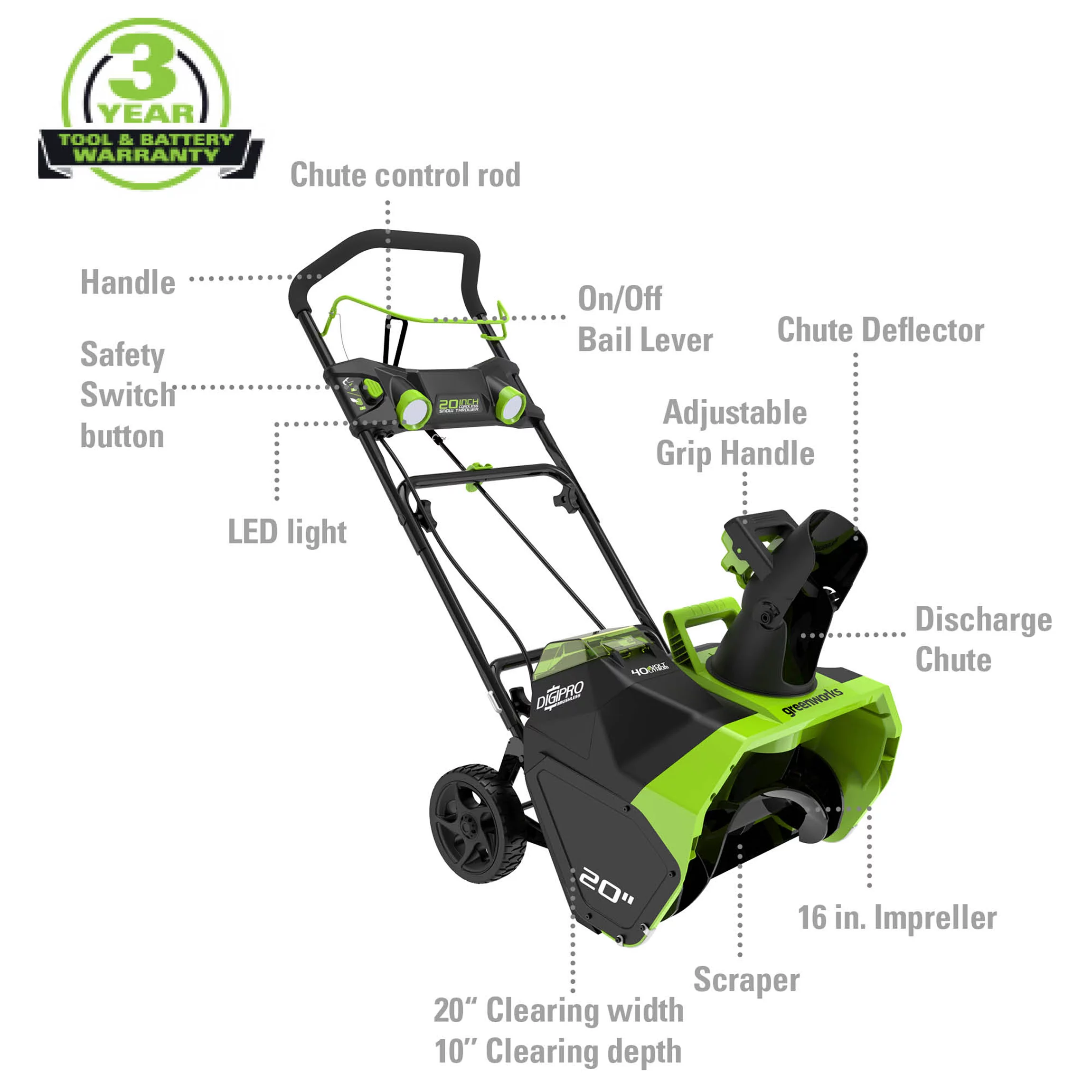 Greenworks 40V 20-inch Brushless Snow Thrower, Battery Not Included, 2601102