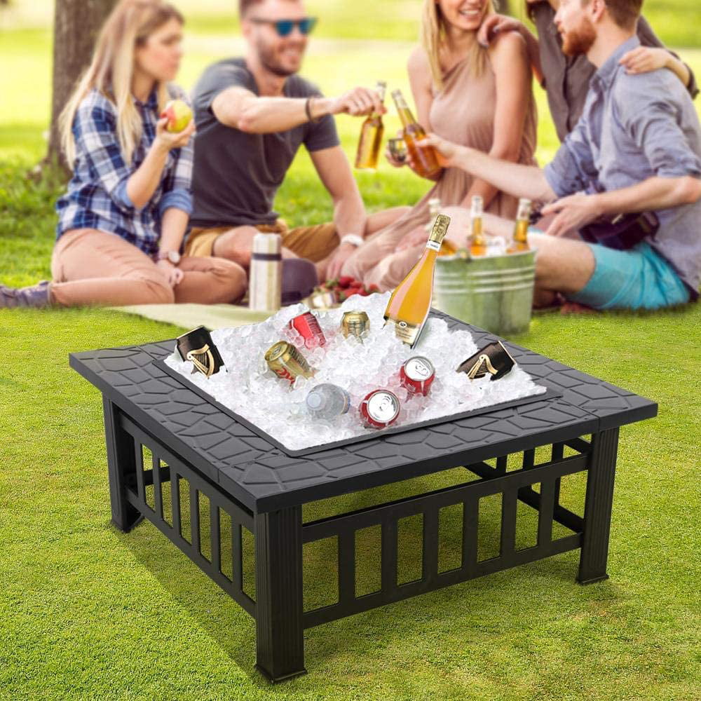 32-Inch Square Metal Fire Pit Table: Multifunctional Outdoor Stove for Patio, Backyard, Camping, Bonfire, Picnic - Enjoy Outdoor Heating and Fireplace Ambiance