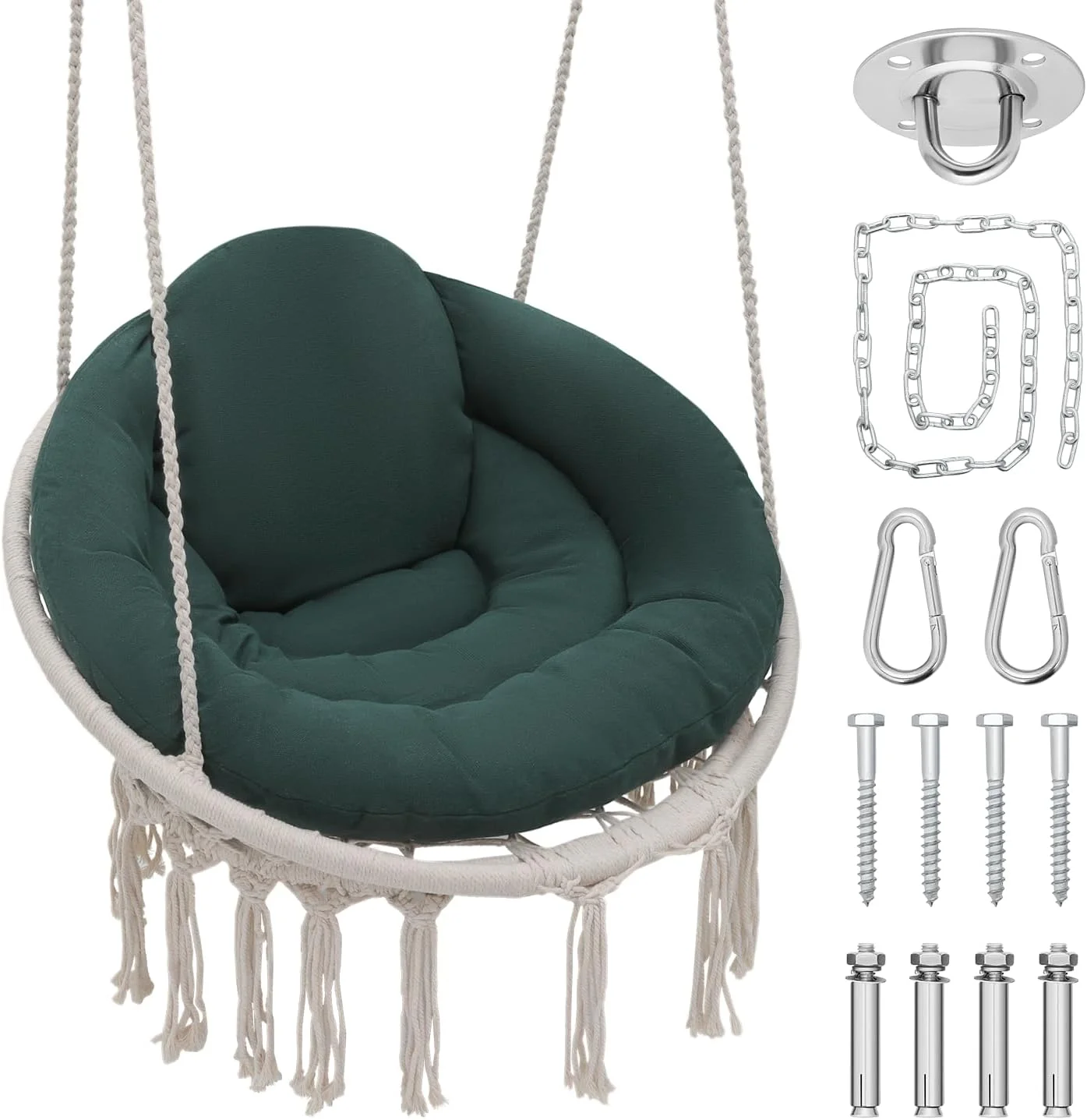 Hanging Hammock Chair With Comfy Cushion Offer Extra Support, Macrame Swing Chair Porch Hanging Chair, 350 Lbs Capacity, Perfect For Backyard Beach ation And Enjoyment (Green And White