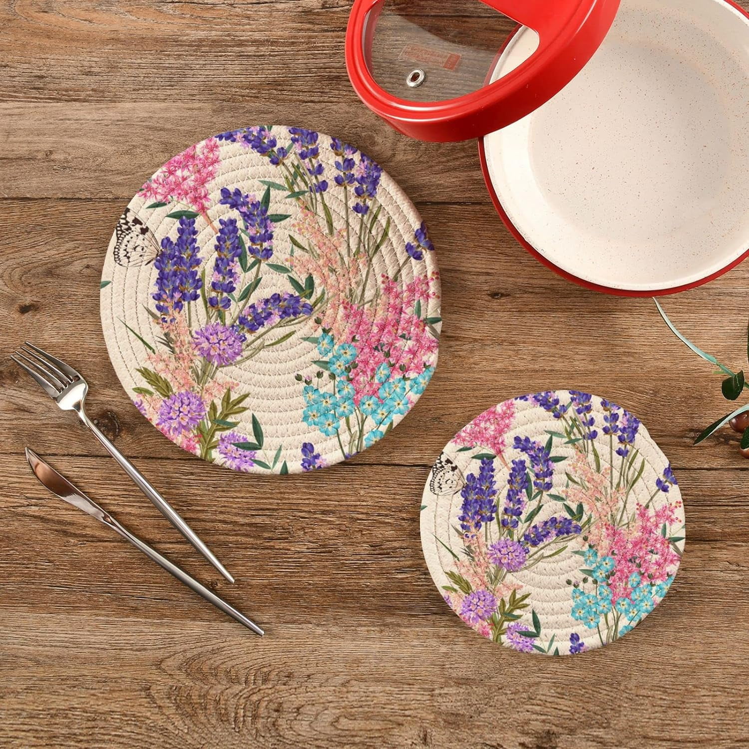SKYSONIC Summer Flowers Pot Holders Trivets, 2 Pcs Heat Resistant Trivets,Colorful Purple Cotton Thread Weave Mats for Hot Pads Pans Pot Bowl Teapot for Kitchen Decor