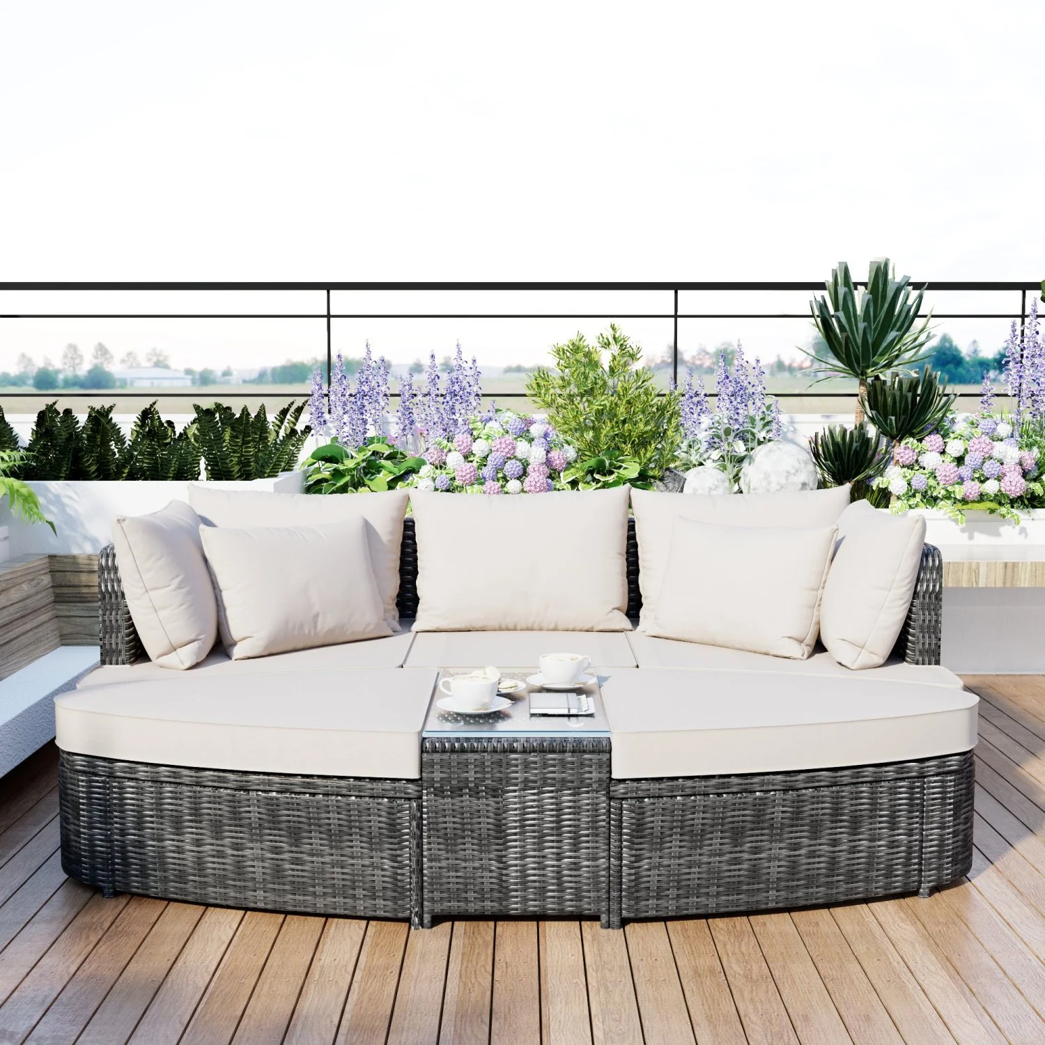 Luxurious TOPMAX 6-Piece Beige Round Outdoor Patio Sofa Set with Separate Seating Group and Coffee Table Crafted from High-End PE Wicker Rattan