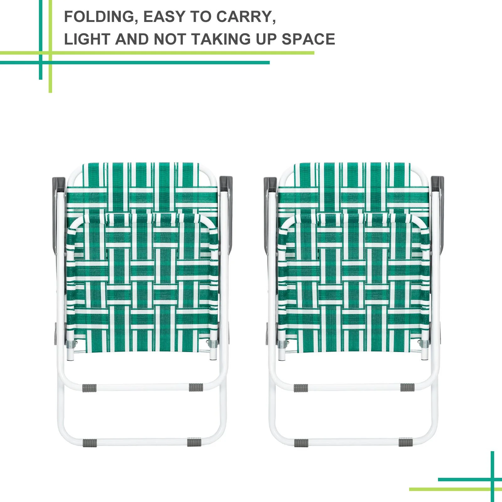Winado Lawn Chair Set Patio Folding Web , 2 Pack Outdoor Beach Chair Portable Camping Chair(Green)