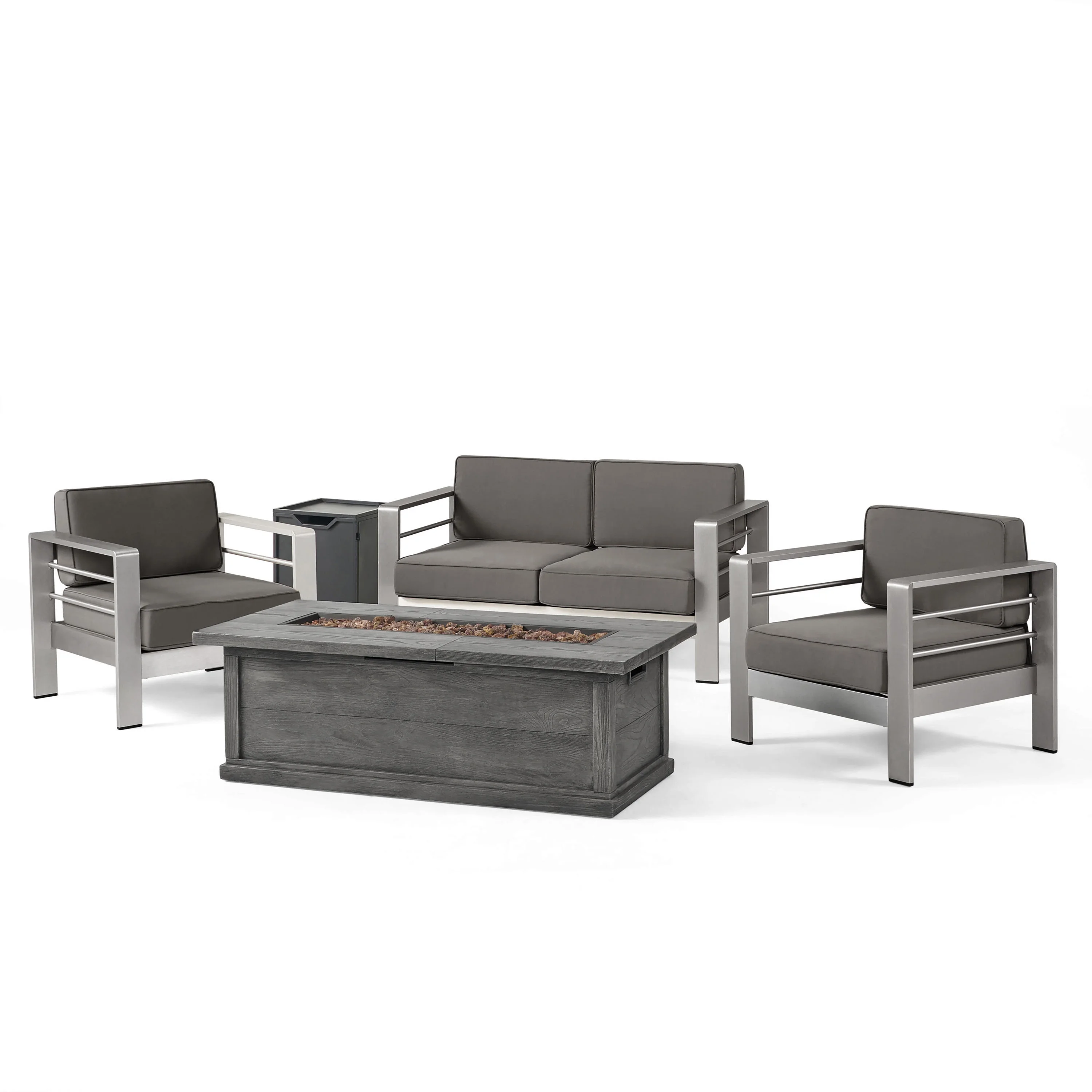 GDF Studio Crested Bay Outdoor Aluminum 4 Seater Chat Set with Fire Pit, Dark Gray, Gray, and Gray Wood