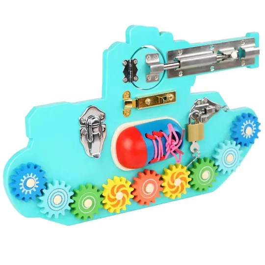 Montessori Wooden Military Tank 6-in-1 Busy Board with Shoelace, Locks, Latches and Rotating Gears Educational for Preschool Toddlers Kids