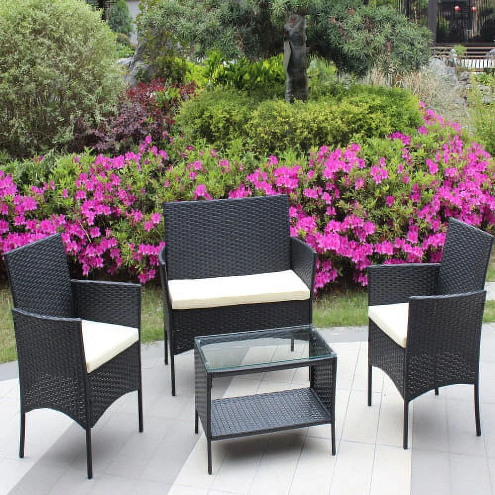 4 PC Rattan Sofa Furniture Set Outdoor Patio Cushioned Seat Wicker Sofa Armchair and Table (Include 3 pc Beige Seat Cushion)
