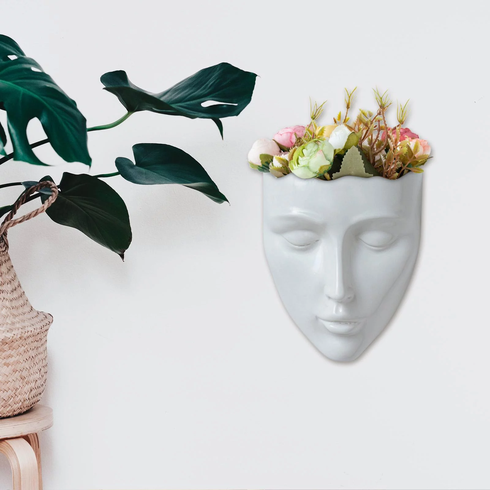 Face Flower Sculpture Container Plant Holder Hanging Basket Mounted Head Planter for Hotel Office