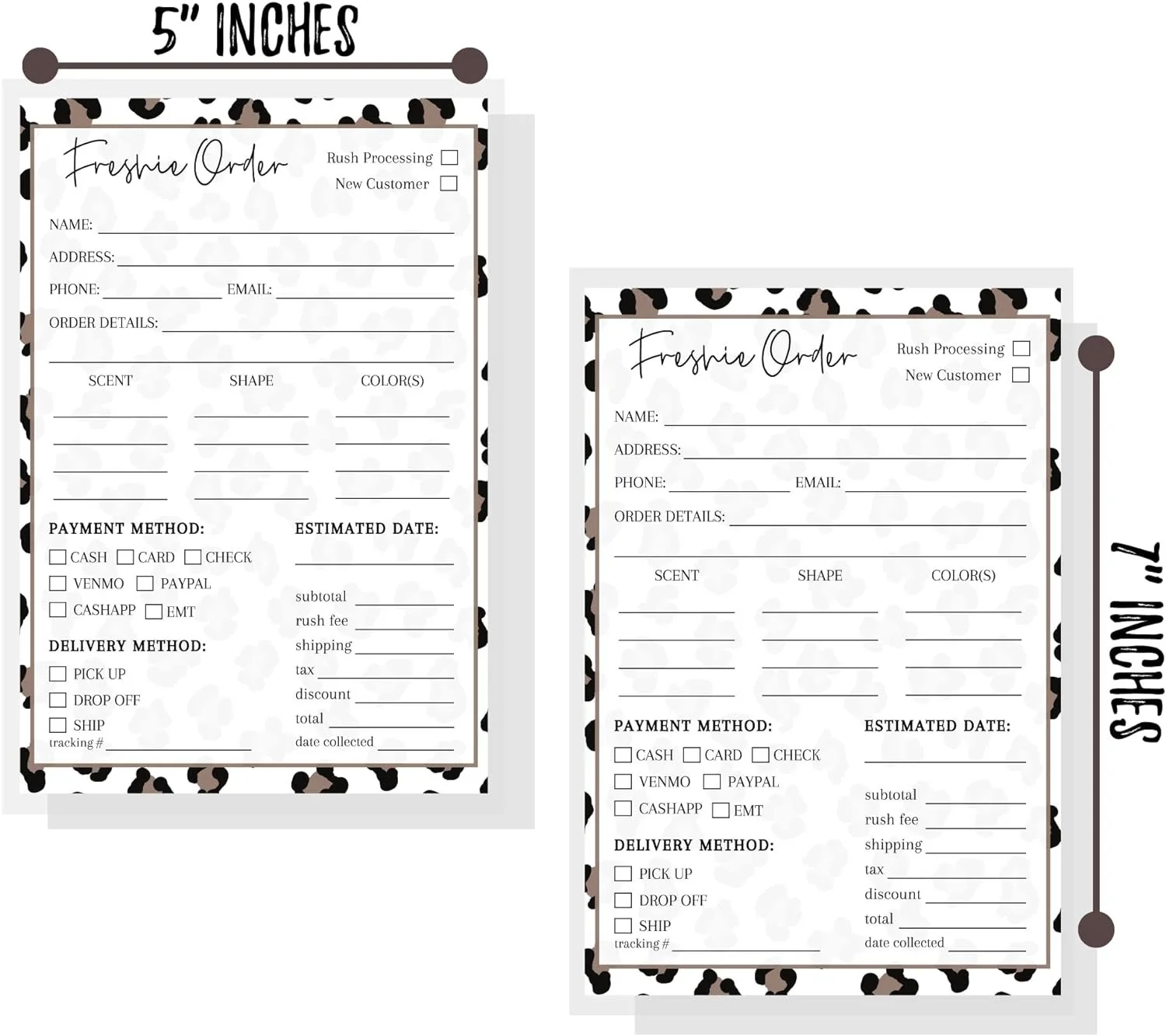 Freshie Order Forms  50 pk 5x7 Scent Label for Customer Re-Orders Bulk Leopard Minimalist for Custom Orders Sheet Care Instructions