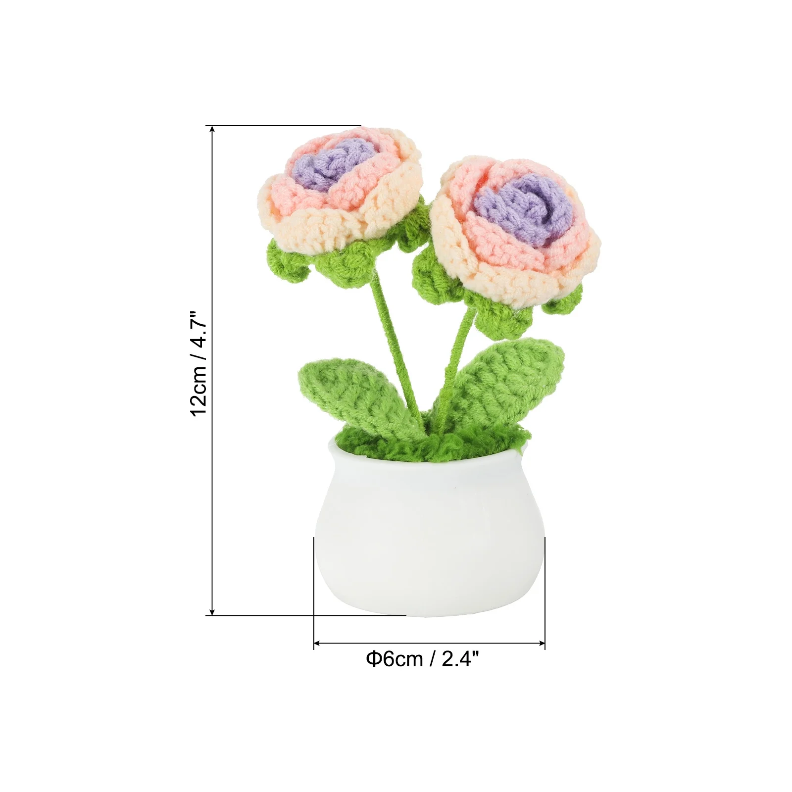 Uxcell Crochet Flowers Potted, 2 Head Rose Flower Handmade Knitted Mini Potted Plants, Gradient Pink Purple