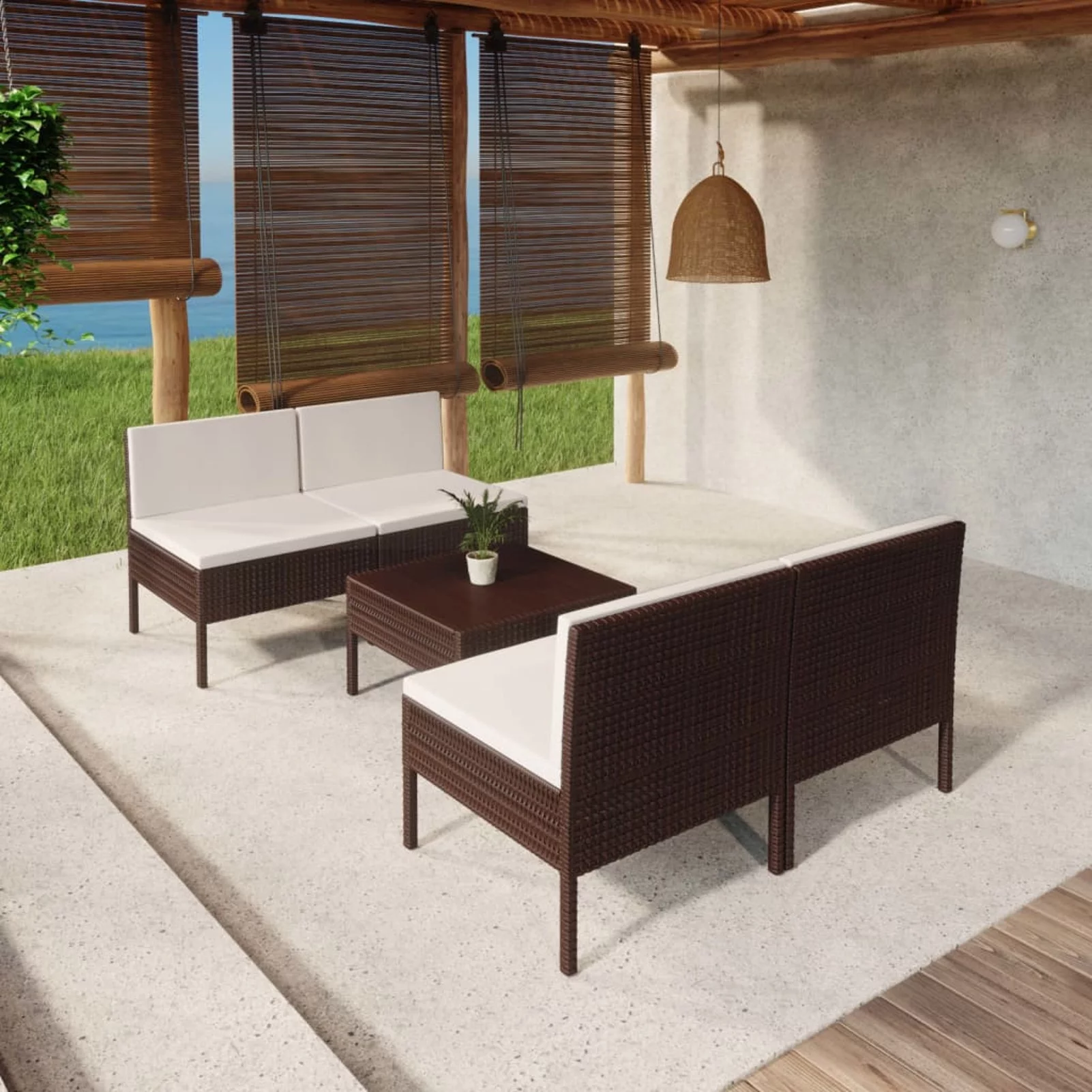 Anself 5 Piece Patio  Set  Conversation Set with Cream White Cushion Brown Poly Rattan Sectional  Furniture Set for Patio, Backyard, Patio, Balcony