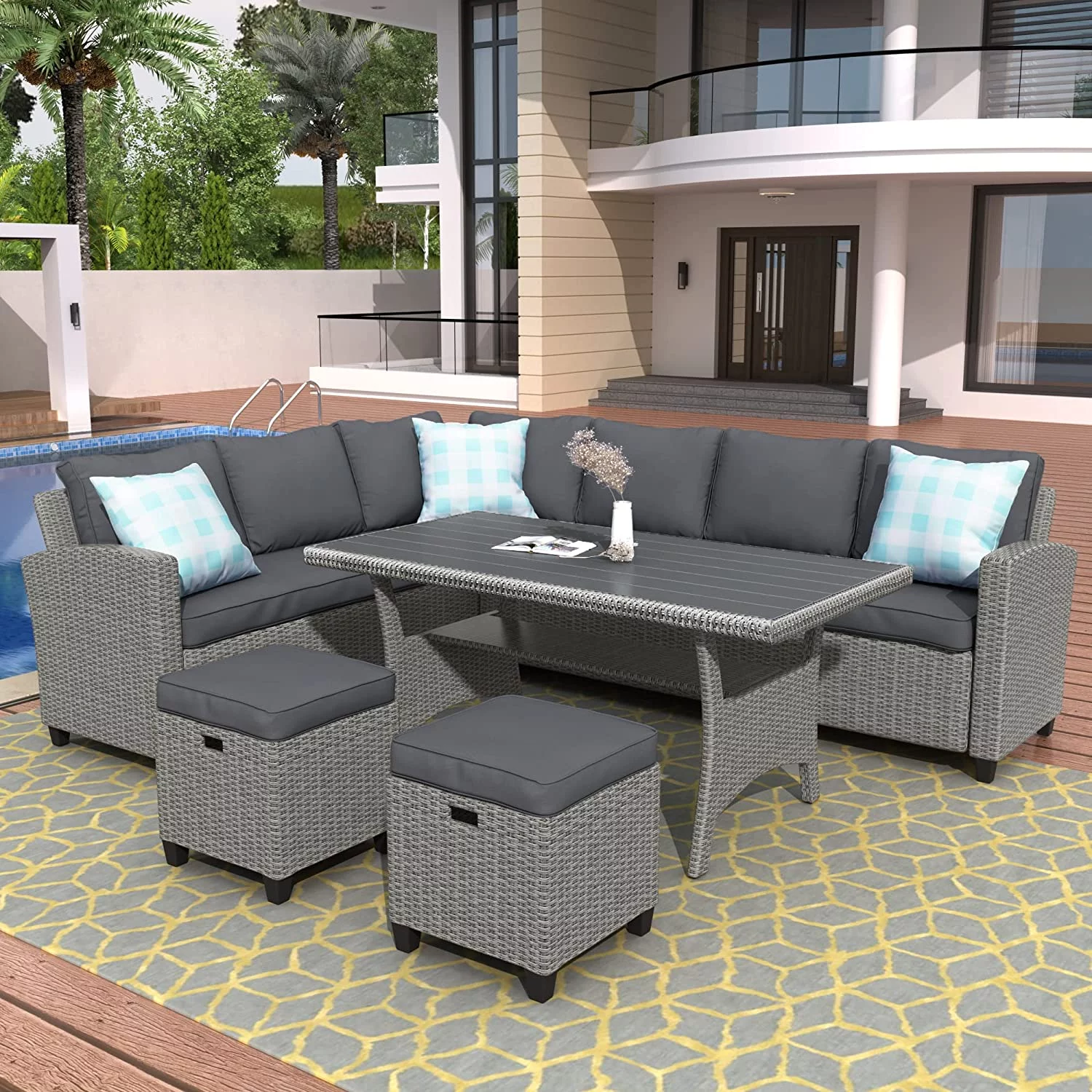 5-Piece Outdoor Patio Furniture Set Wicker Rattan Conversation Sectional Sofa with Dining Table Chair with Ottoman and Throw Pillows for Backyard  Grey  Gray