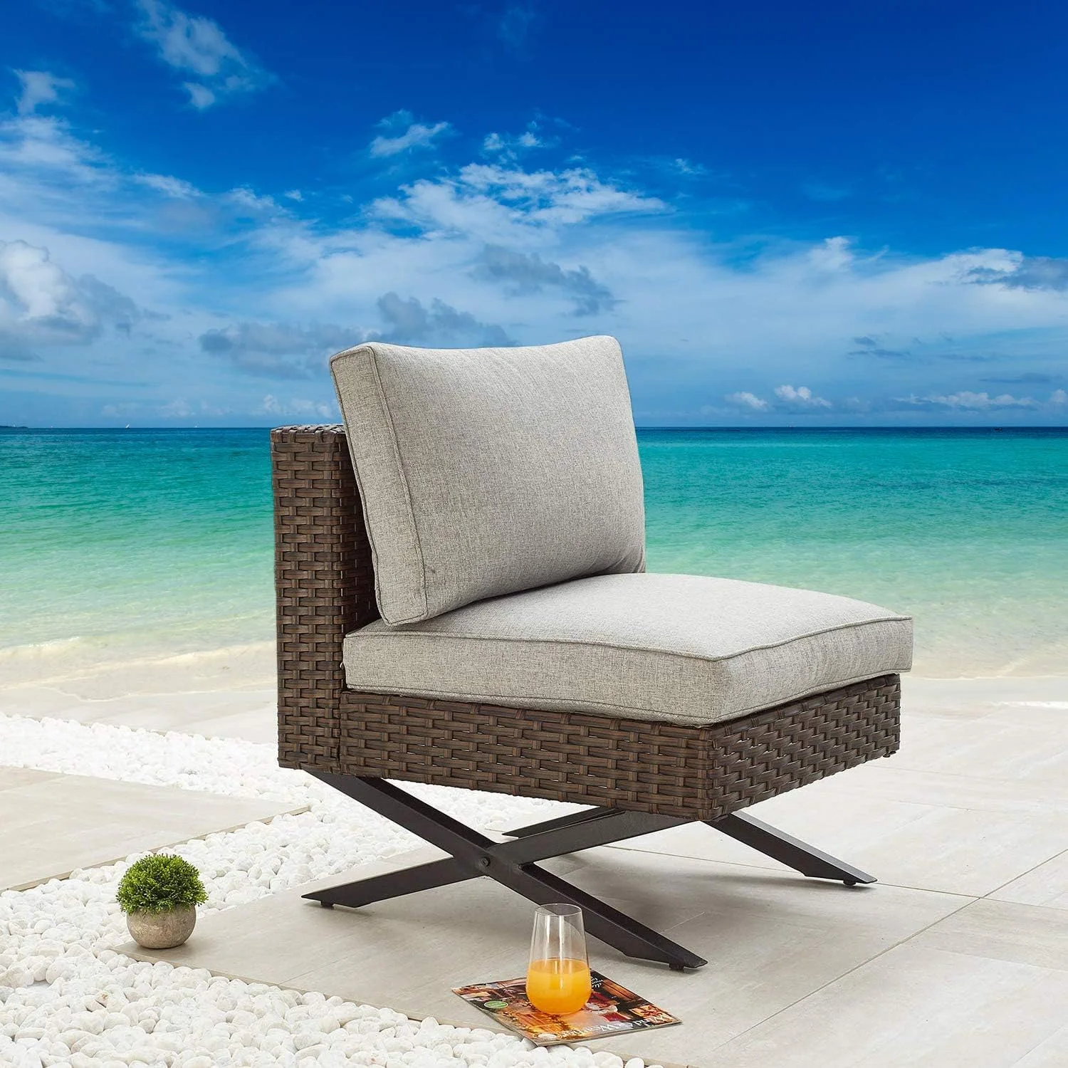 HBBOOMLIFE Wicker Patio Chair Armless Dining Chair with Thick Cushions and Rattan Back and Seat Outdoor  for Garden Yard Poolside All-Weather