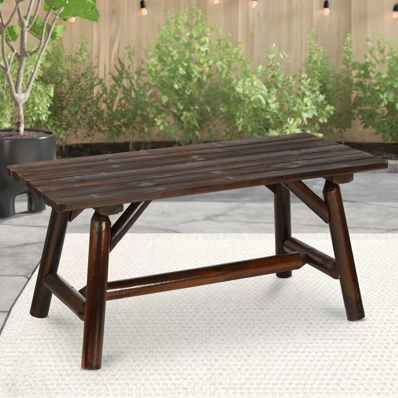 HOMEDIARY Wooden Adirondack Log Side Table, Cedar Wood Outdoor Rectangular End Table w/Slatted Tabletop, Oversize 41.5” Indoor Outdoor Patio Side Coffee Table for Garden Patio Backyard, Carbonized