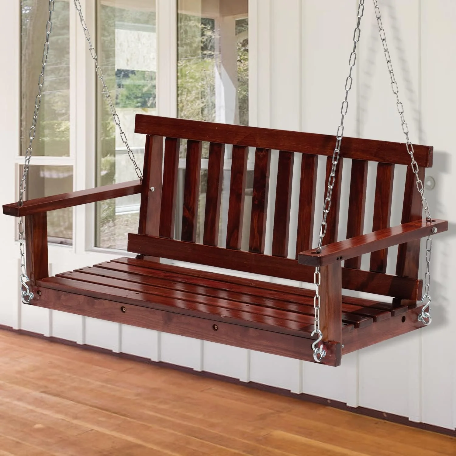 Wooden Porch Swings Outdoor Bench Swing 48 inch Solid Wood Patio Bench for Garden, Yard, Patio, Heavy Duty 800lb Weight for Adult, Two Person Seating Hanging Porch Swing (Brown)