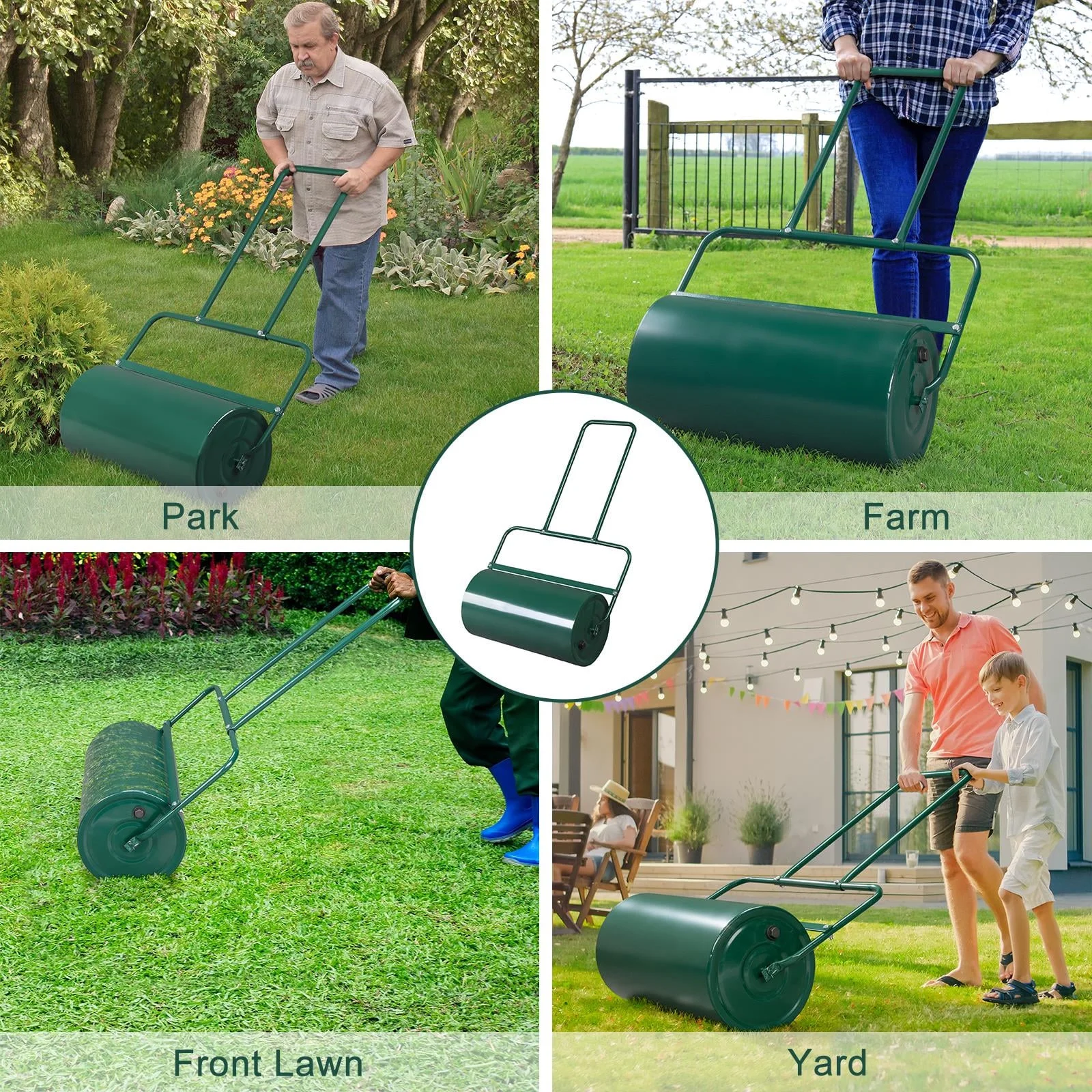 24in Garden Roller Lawn Steel Water Filled Push for Garden, Yard Green