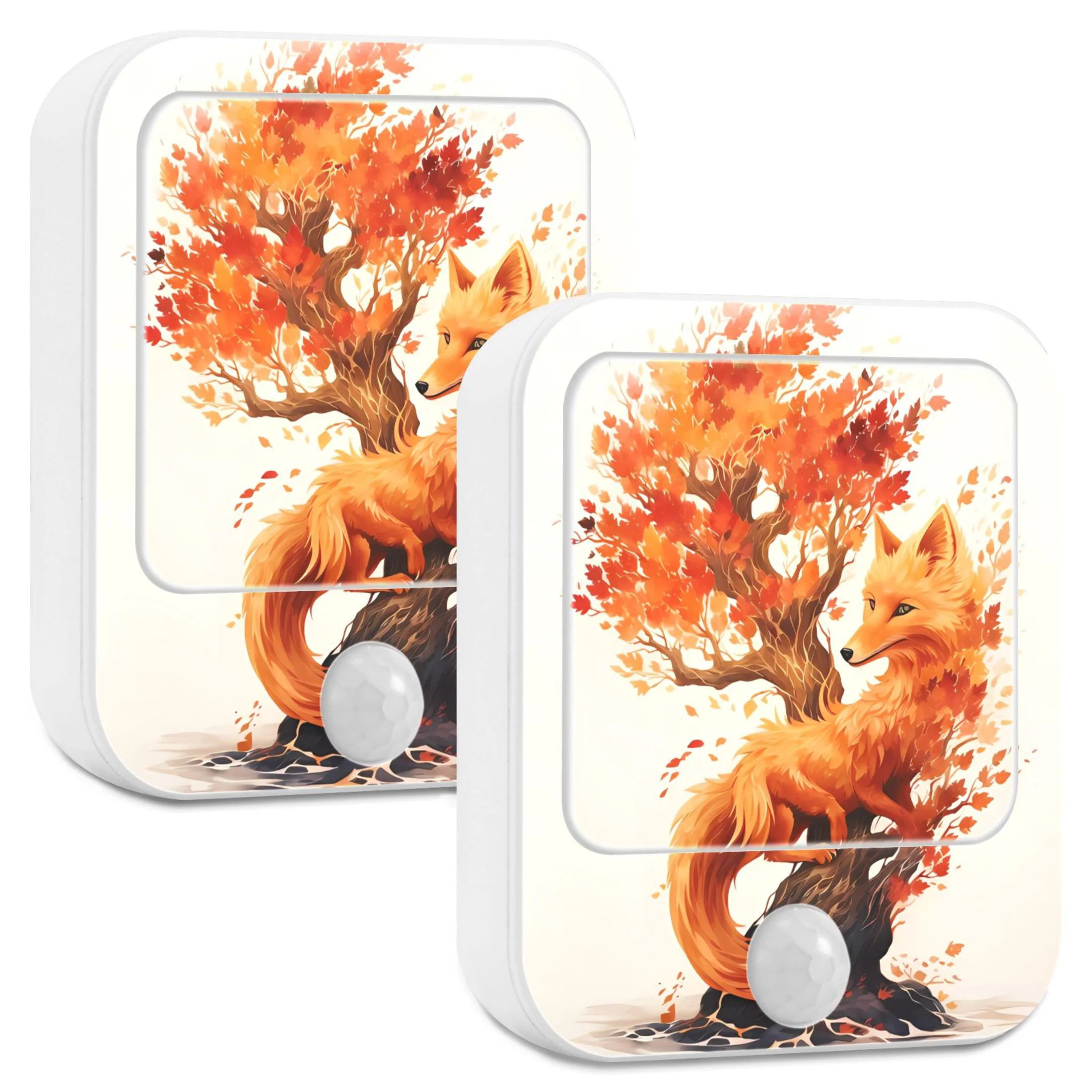 Fox on Tree LED Motion Sensor Night Light Plug into Wall 2 Pack Auto Dusk to Dawn Adjustable
