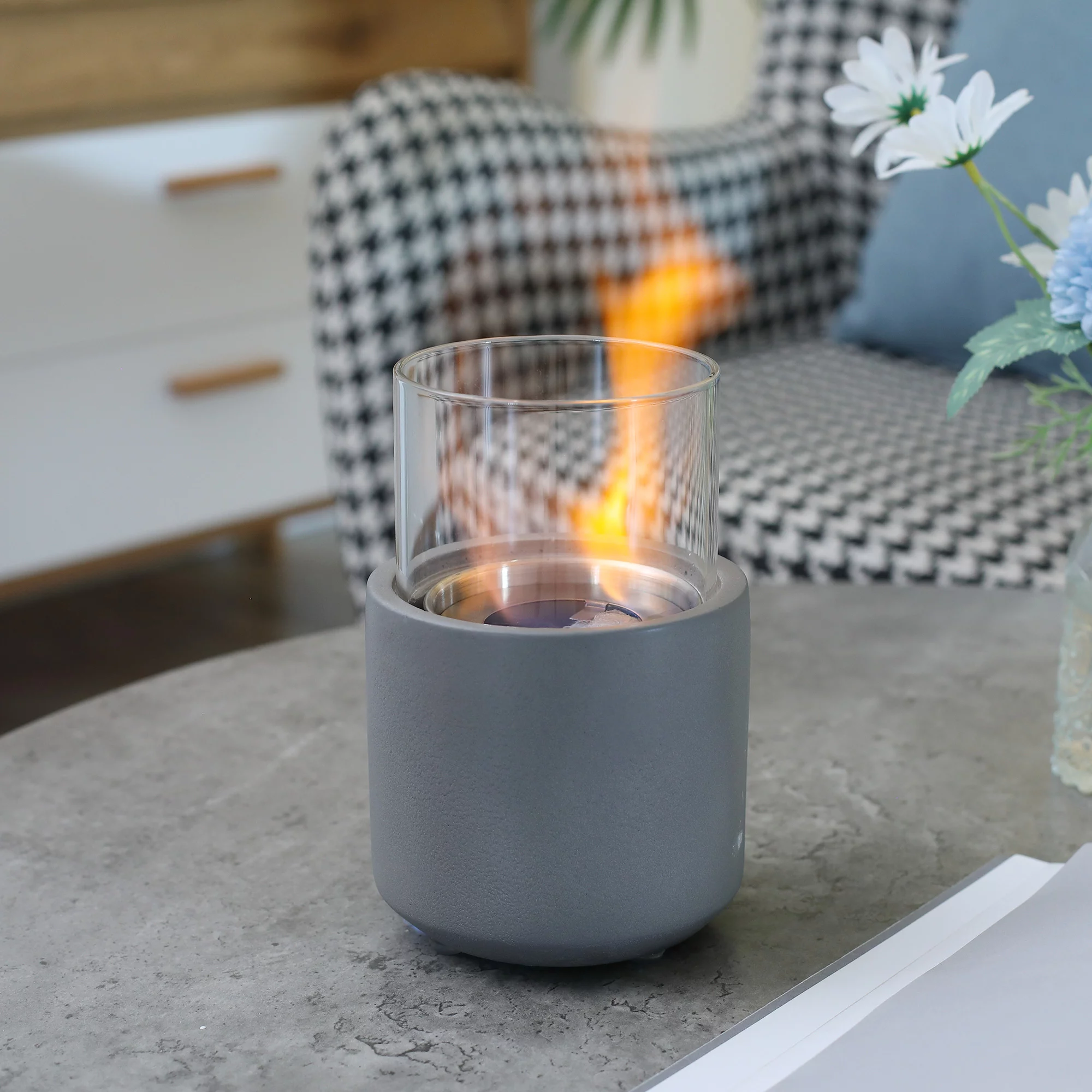 CoSoTower Tabletop Fireplace, Mini Concrete Ethanol Fire Bowl with Lid, Burns Up with Liquid Alcohol and Solid Tablet Alcohol, Light Grey