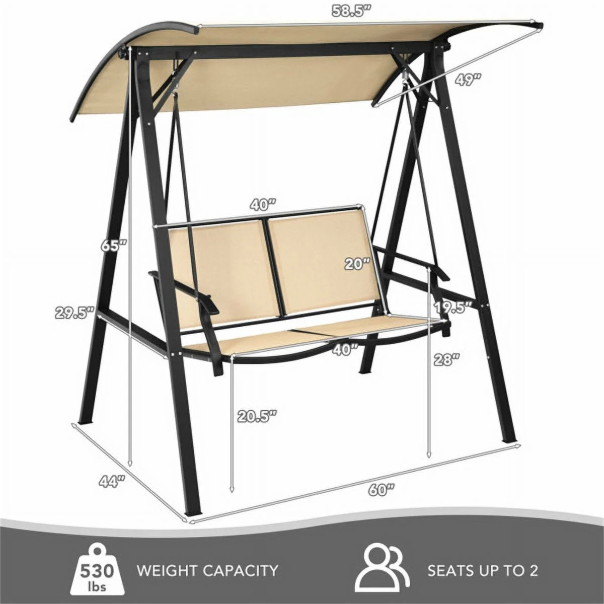 2 Seater Porch Swing with Canopy, Khaki Patio Swing