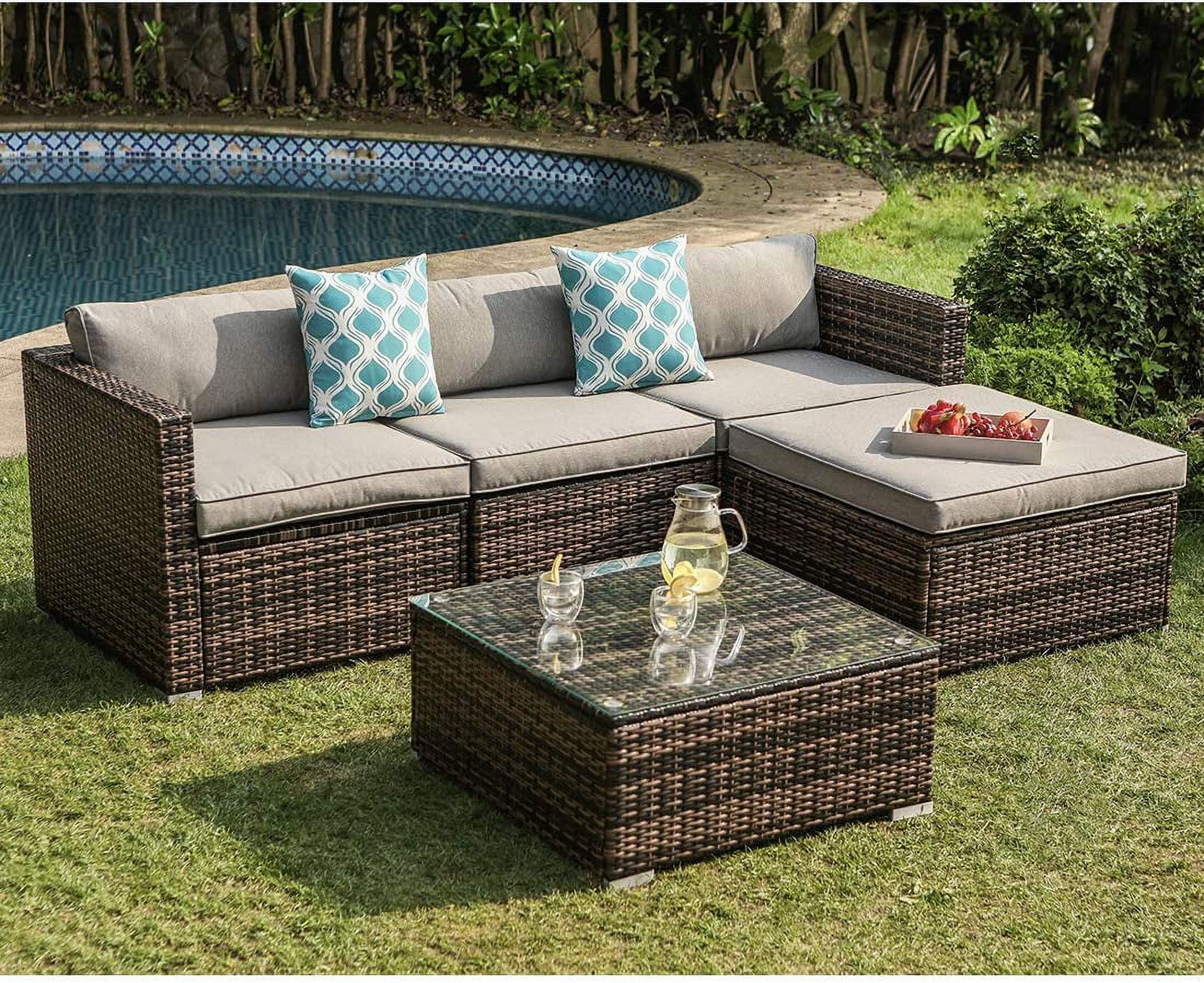 5-Piece Outdoor  All-Weather Mottlewood Brown Wicker Sectional Sofa w Warm Gray Thick Cushions  Glass-Top Coffee Table  2 Teal Pattern Pillows for Garden  Patio