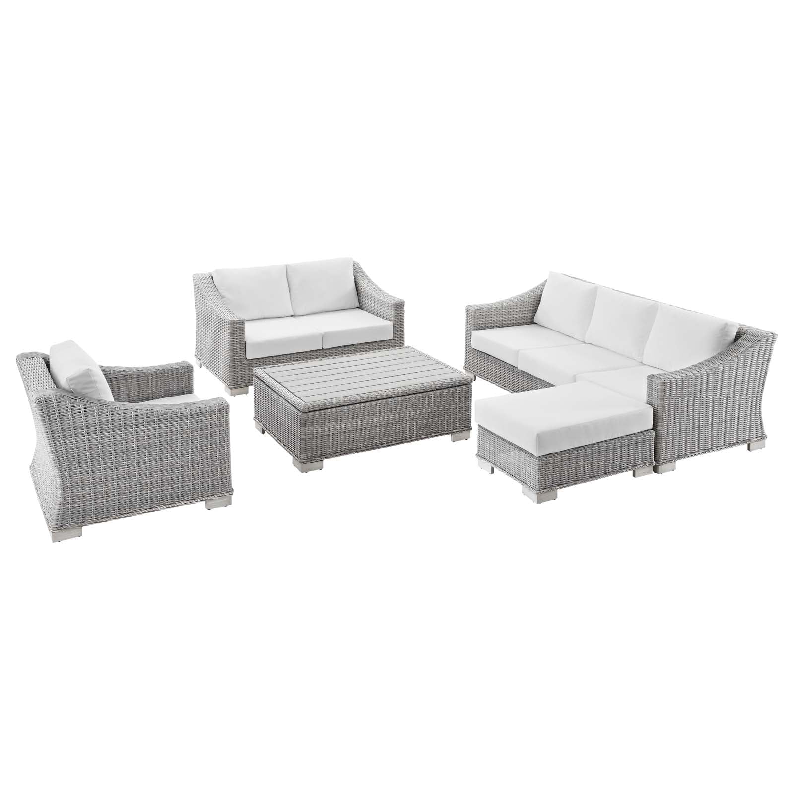Lounge Sectional Sofa Chair Set, Rattan, Wicker, Light Grey Gray White, Modern Contemporary Urban Design, Outdoor Patio Balcony Cafe Bistro Garden Furniture Hotel Hospitality