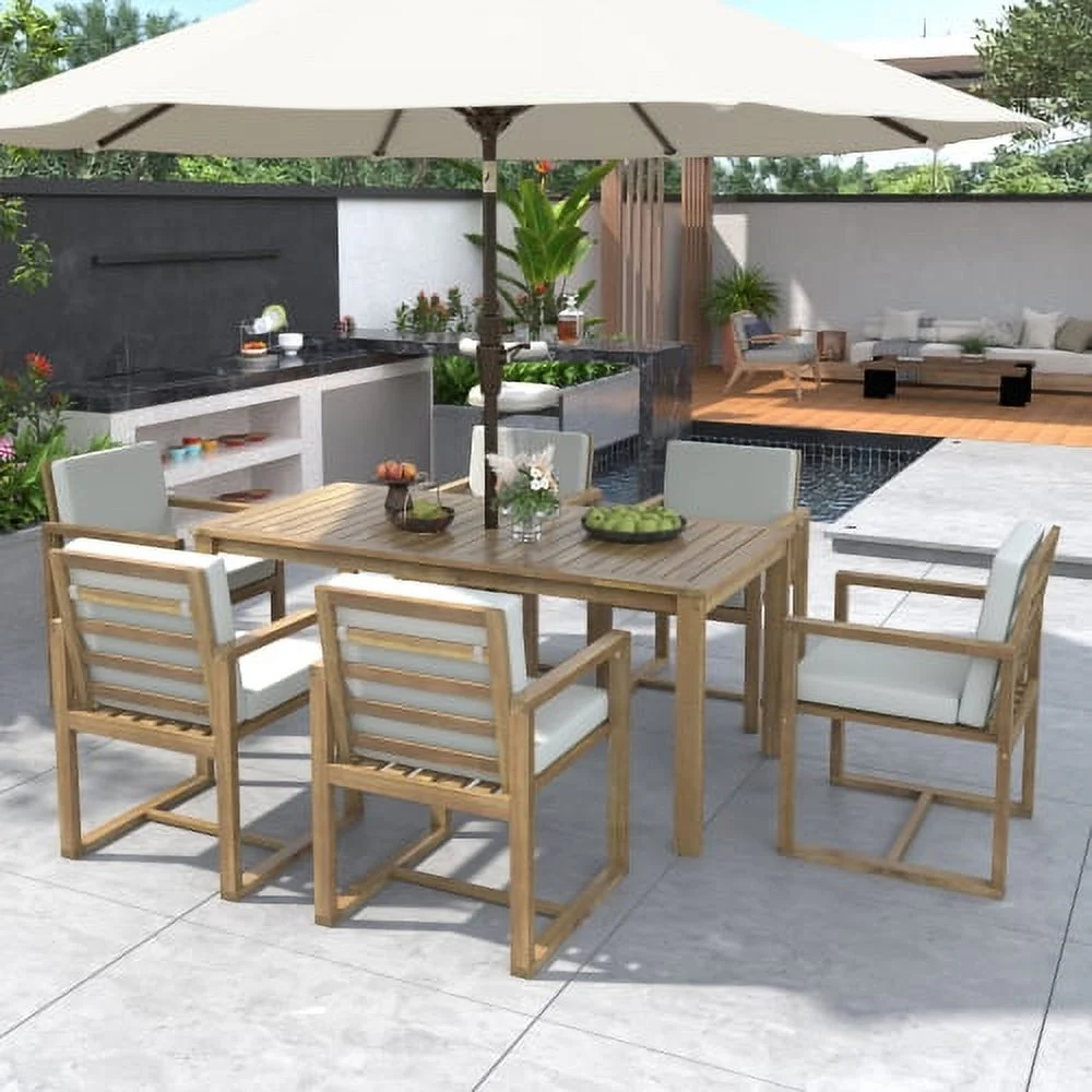 Patio Dining Set Outdoor Dining Table and Chair Set with and Removable Cushions for Patio, Backyard, Garden, Light Teak