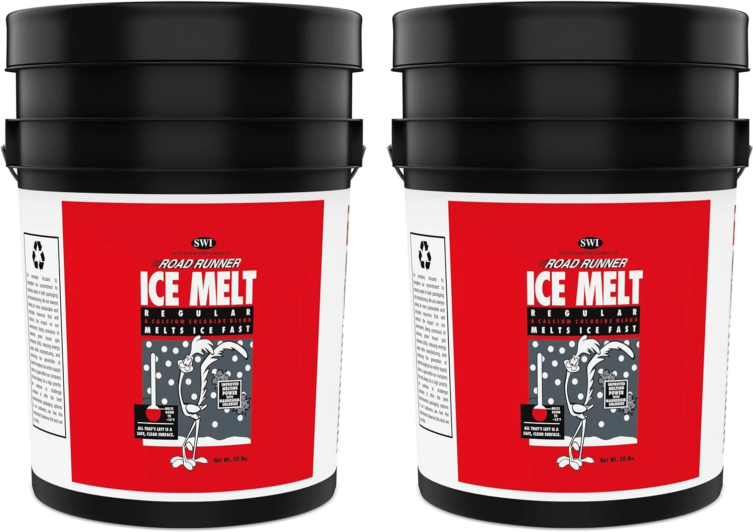 Road Runner Ice and Snow Melt Fast Acting Scotwood Industries Pail, 2 Pails of 50 Lbs Total 100 Lbs