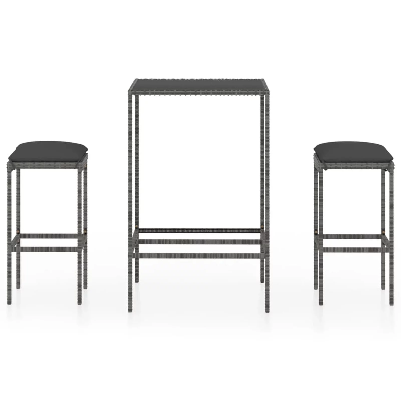Anself 3 Piece Garden Bar Set Glass Tabletop Table and 2 Chairs with Cushion Gray Poly Rattan  Dining Set for Bistro, Pub, Terrace, Patio, Balcony