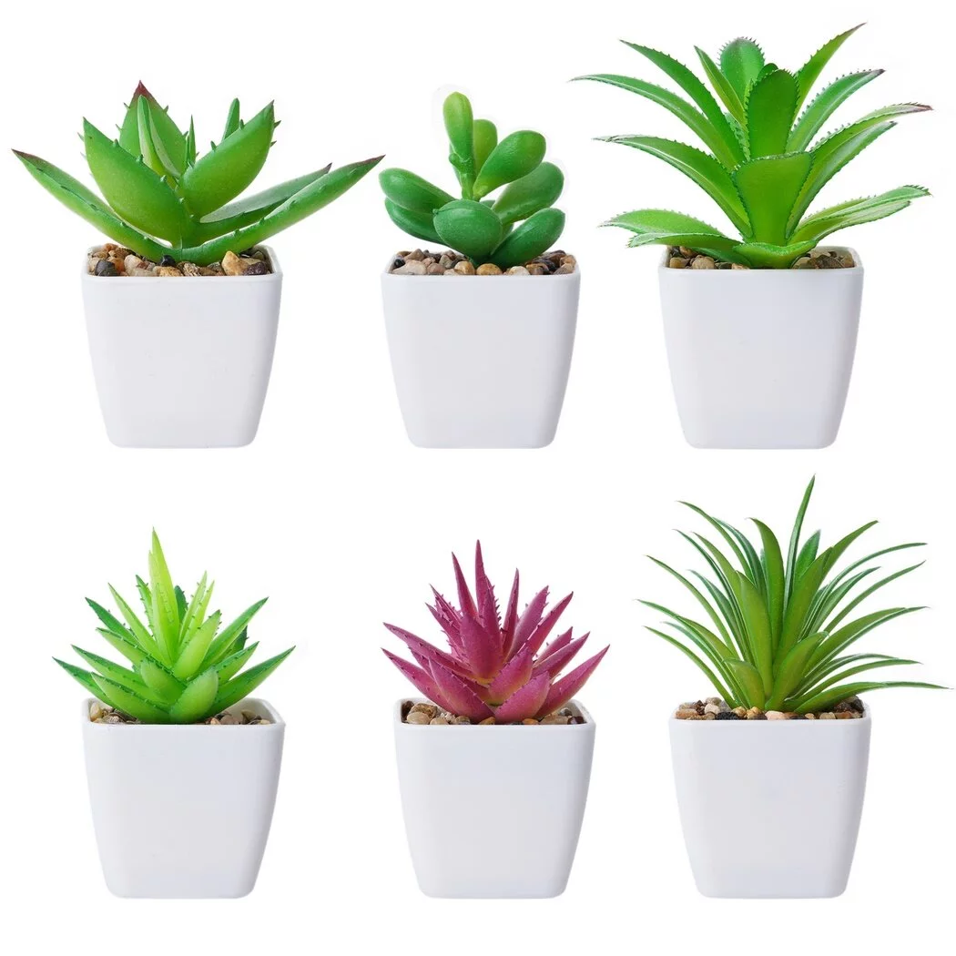 6-pack Artificial Succulent Plants with Pots, 7” Tall False Succulent Set Multi-Colored Faux Plants in Plastic Pots with Real Pebbles, Artificial Greenery Decoration for Home Office