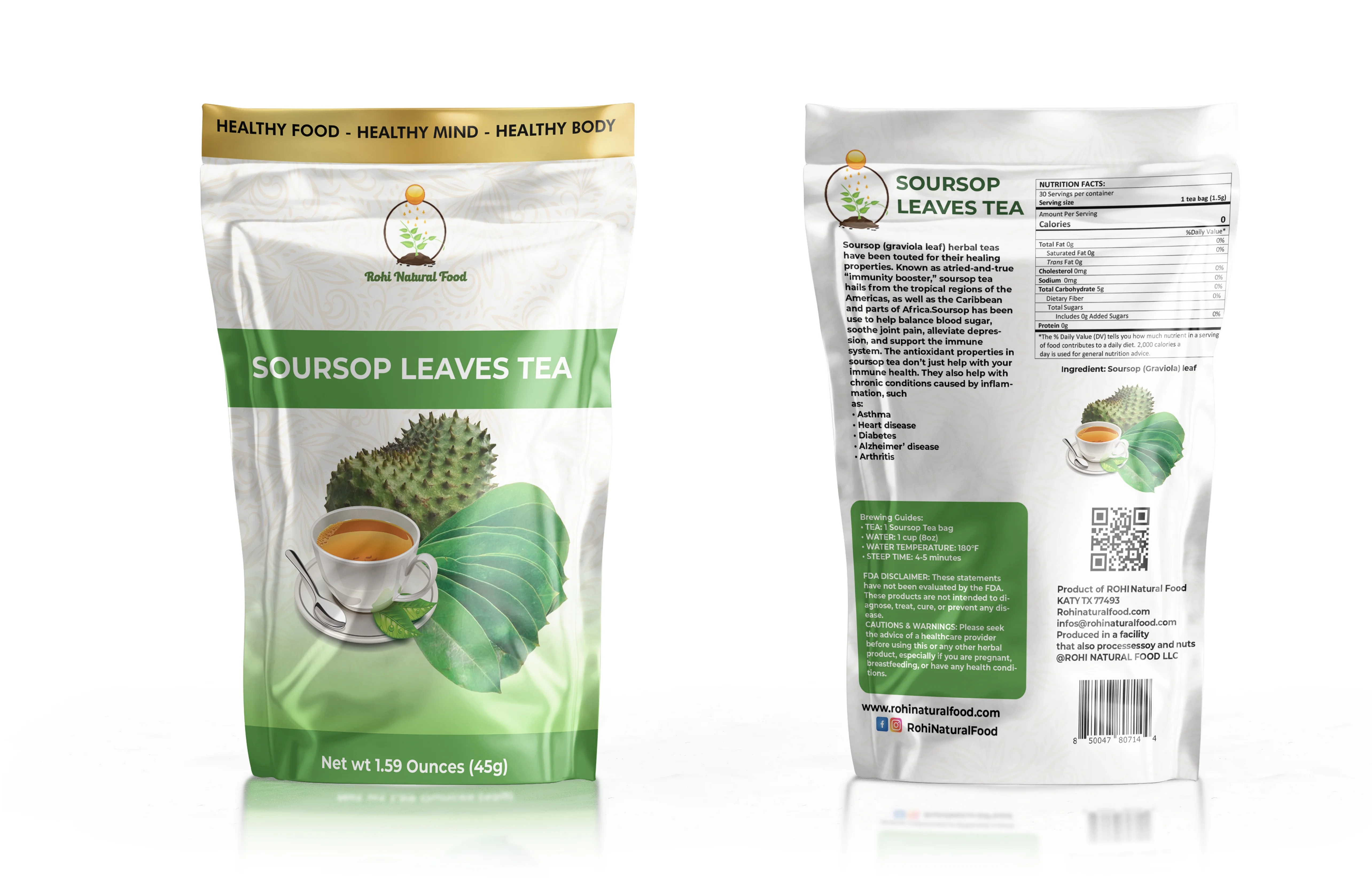 Rohi Natural Food Soursop Leaf Tea, 30 Count Tea Bags, Caffeine-Free | 100% Pure Soursop Leaves, Nothing Else Added. | Great For Digestion, Sleep Support Teas | Anti-Diarrhea Support