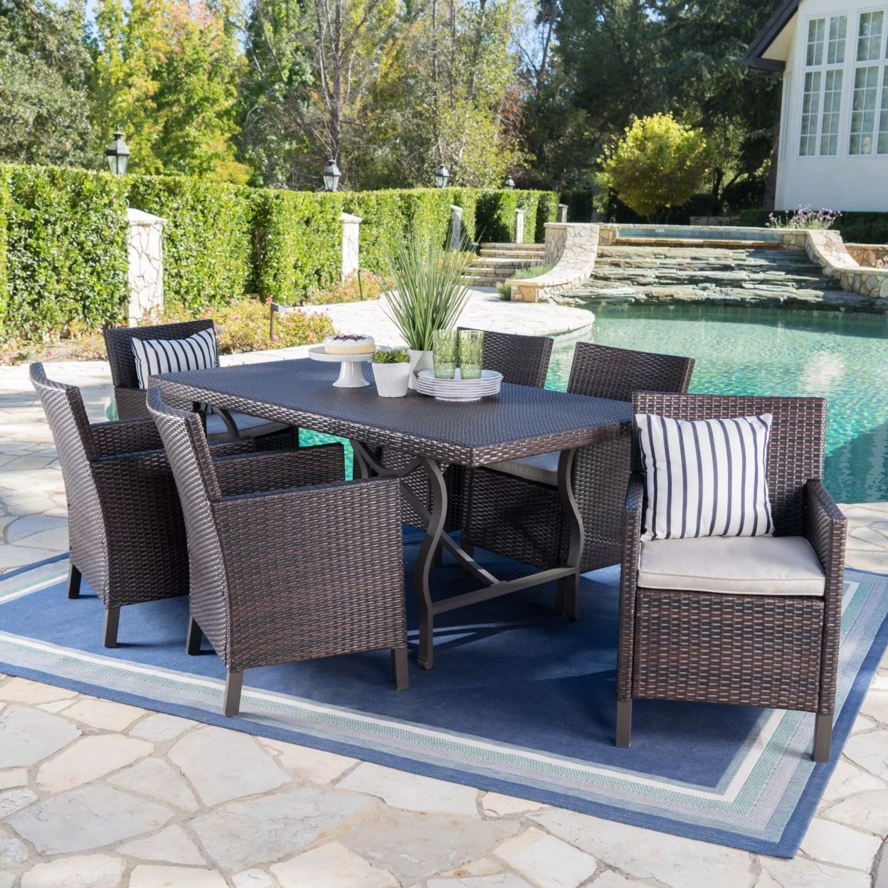 GDF Studio Azusa Outdoor Wicker 7 Piece Dining Set with Cushion, Gray, Multibrown, and Light Brown