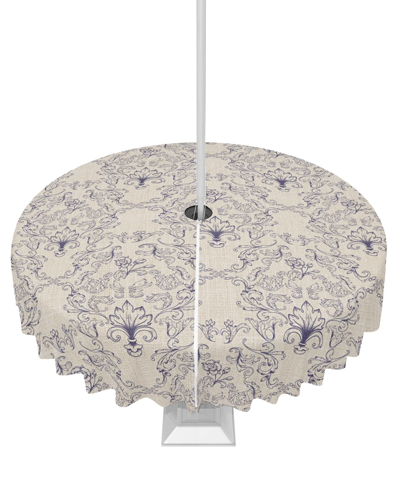 Outdoor Tablecloth with Umbrella Hole and Zipper Baroque Retro Mid-Century Navy Blue Euporean Pattern Waterproof Patio Table Cover Round&nbsp;Table Cloth for Picnic Party BBQS, 54 inch