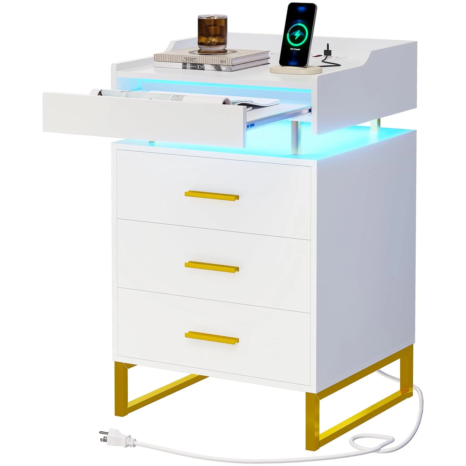 White Nightstand with 3 Drawers for Bedroom, LED Nightstand Bedside Table with Charging Station&LED Lights&Pull-Out Tray&Metal Legs for Living Room