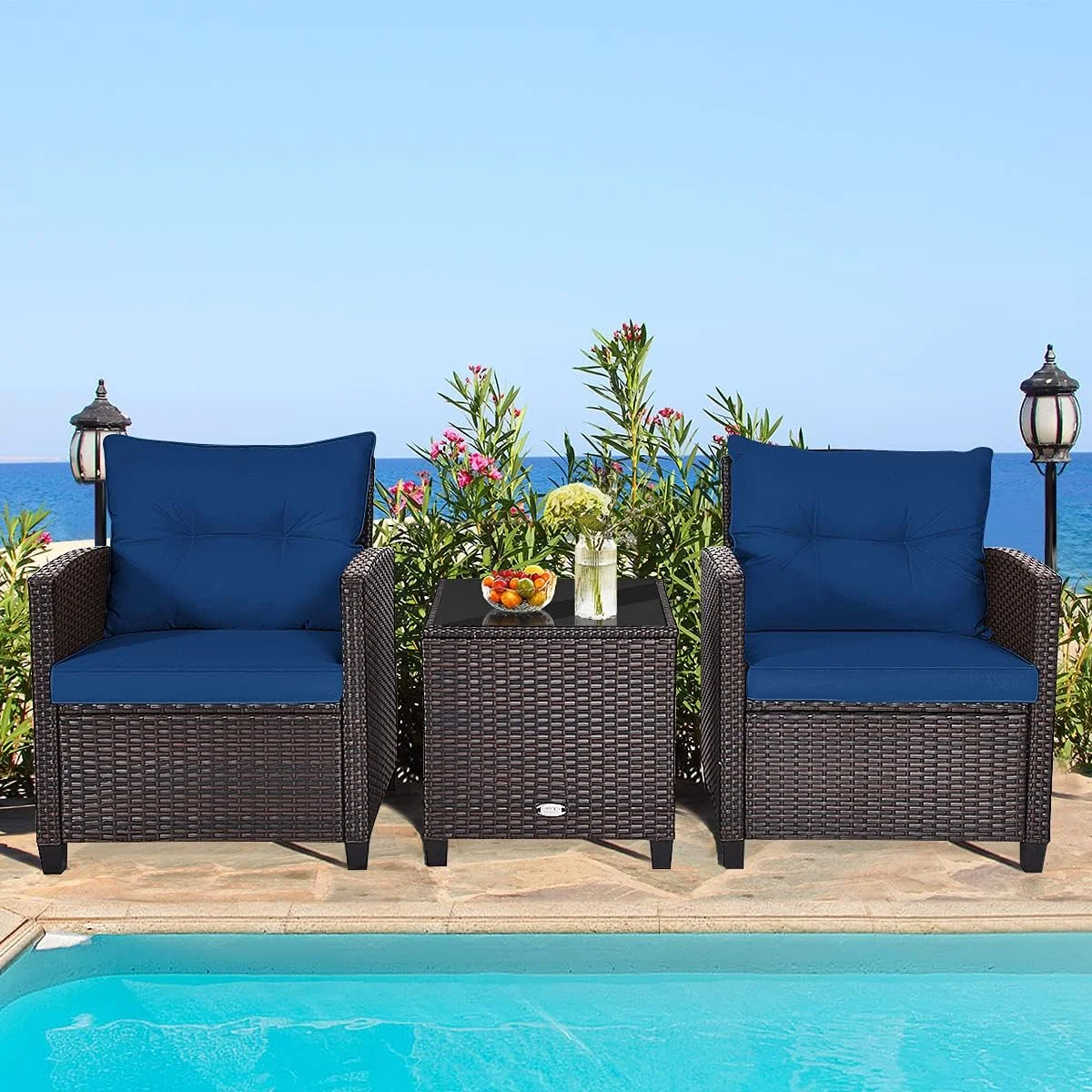 3 Piece Patio Furniture Set, Wicker Bistro Conversation Set W/ 2 Cushioned Armchairs & Glass Topped Table, Outdoor Rattan Sofa Set Patio Furniture For Porch Balcony Poolside (Navy Blue)
