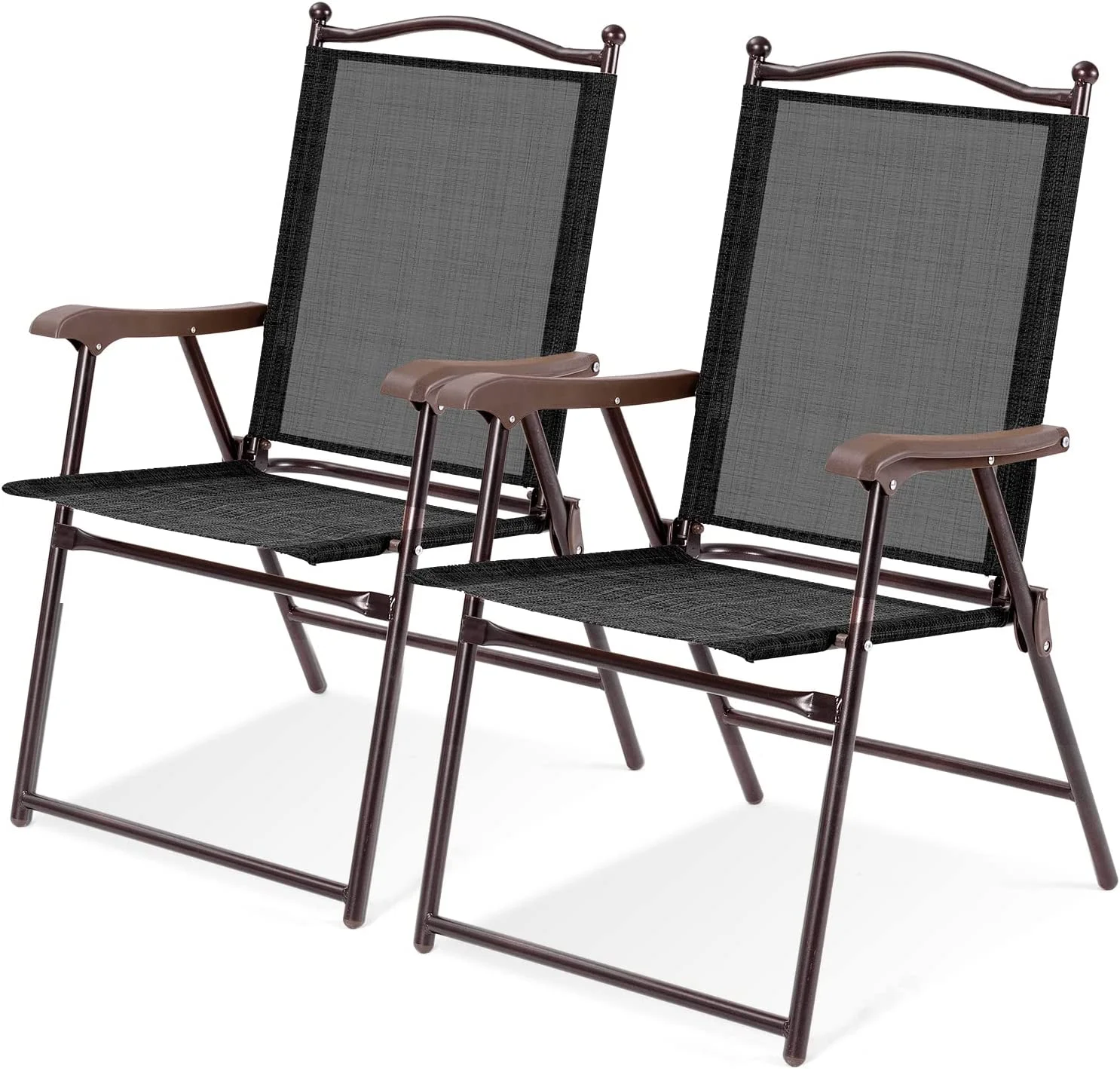 Set of 2 Patio Folding Dining Chairs, Outdoor Sling Lawn Chairs with Armrests, Steel Frame, Portable Camping Lounge Chairs for Backyard, Deck, Poolside and Garden, No Assembly (Black)