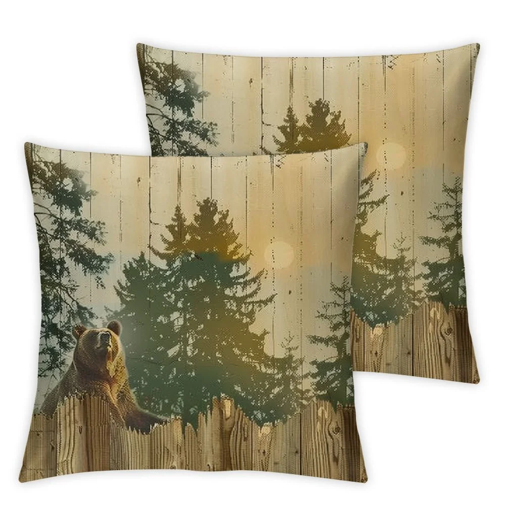Ollo0ord Bear Silhouette Pillow Cover Cushion Cover for Kids Adults Sunset View Wood Stripes Lodge Cabin Cushion Case for Room Decor White