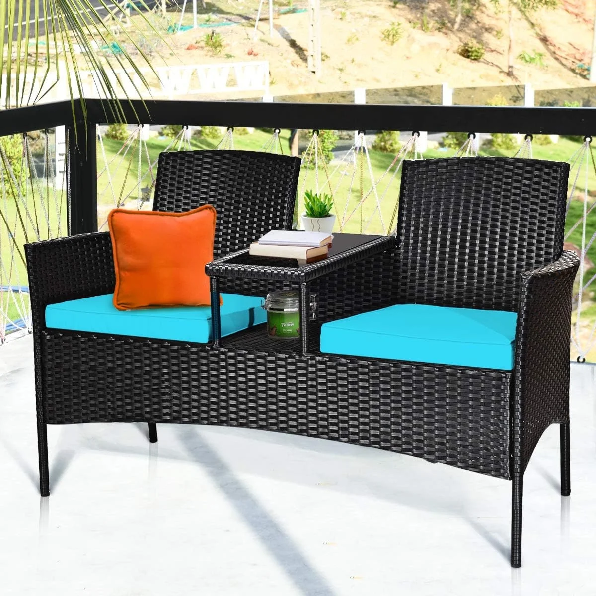 Wicker Patio Conversation Furniture Set, Outdoor Furniture Set with Removable Cushions & Table, Tempered Glass Top, Modern Rattan Bench for Garden Lawn Backyard (Turquoise)