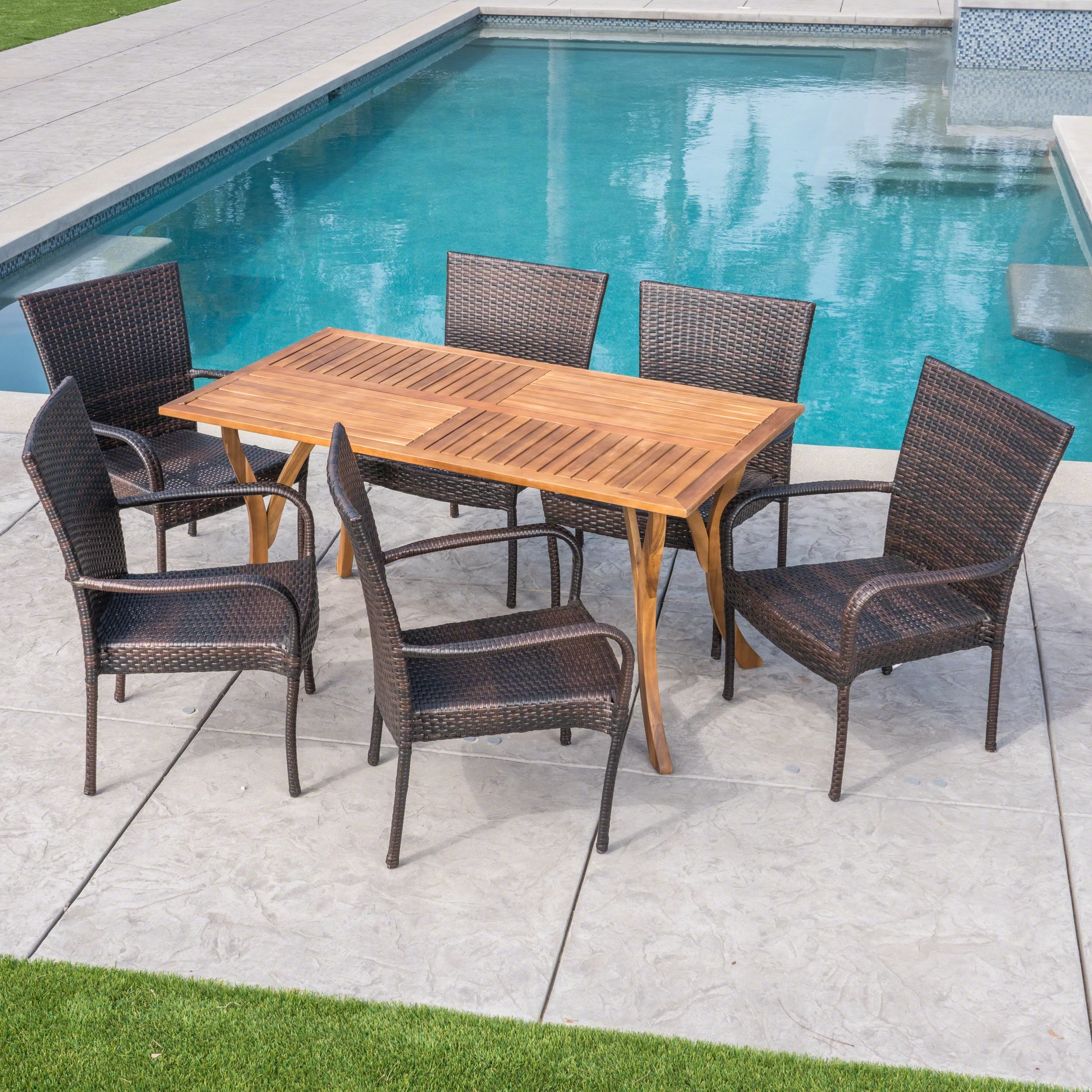 Noble House Monterey 7 Piece Wood Top Patio Dining Set in Teak