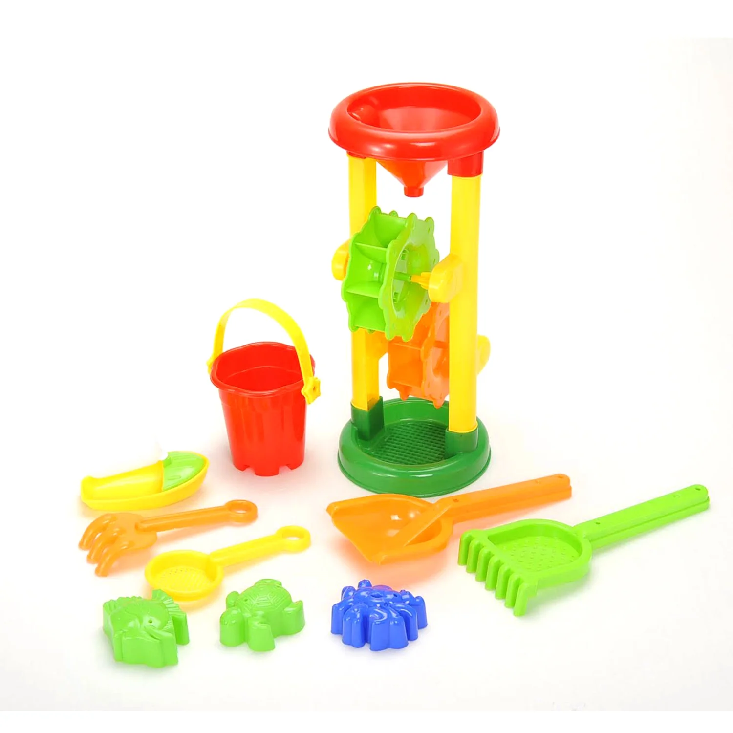 10 Piece Beach Sand Toys Set, Two wheel hourglass, Bucket, Shovels, Rakes, 3 Sand Molds and Boat - Seaside Toys Set for Children