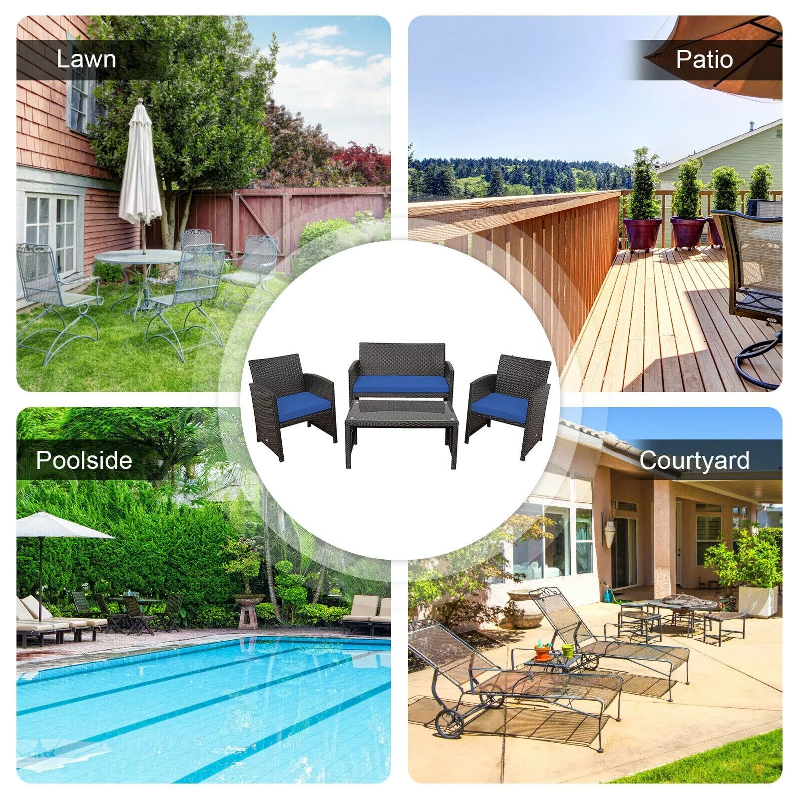 4PCS Patio Rattan Furniture Set Cushioned Chair Sofa Table