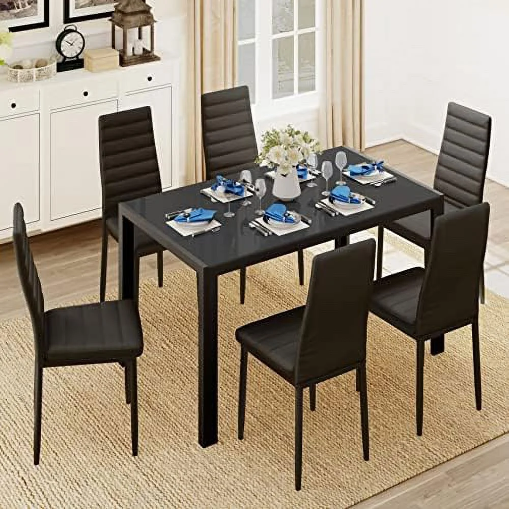 HBLUKDL Glass Dining Table Sets for 6  7 Piece Kitchen Table and Chairs Set for 6 Person  PU Leather Modern Dining Room Sets for Home  Kitchen  Living Room Black