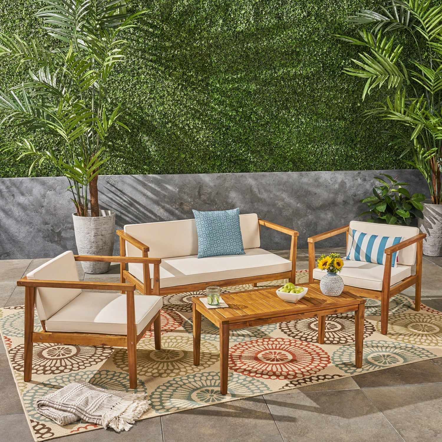 Teak and Beige Outdoor 4-Seater Acacia Wood Chat Set with Cushions and Coffee Table - Durable  Stylish Patio Furniture for Relaxation and Entertainment in the Open Air
