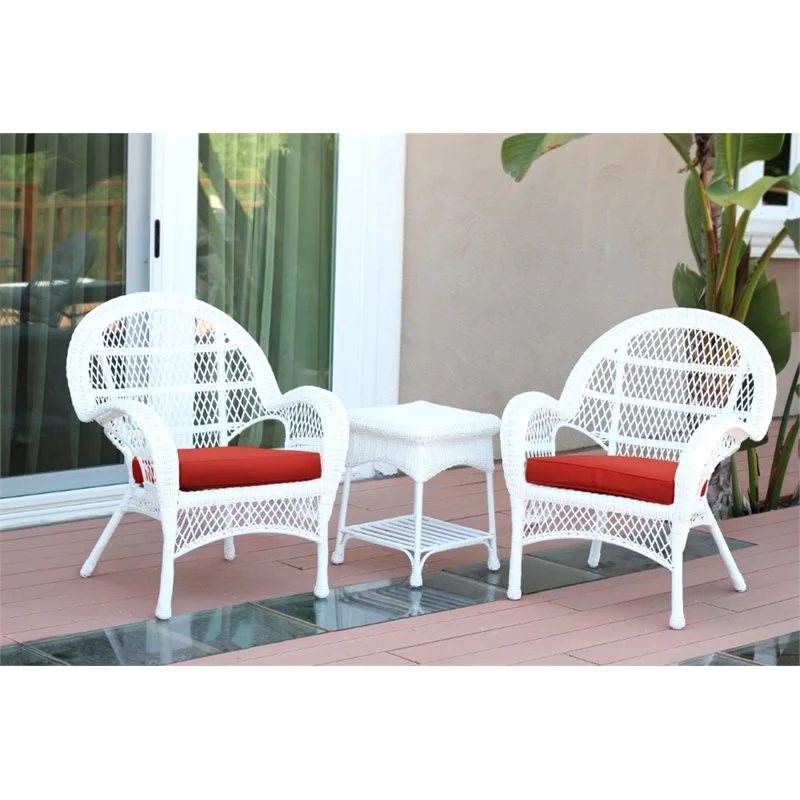 Afuera Living 3 Piece Wicker Conversation Set in White with Red Cushions